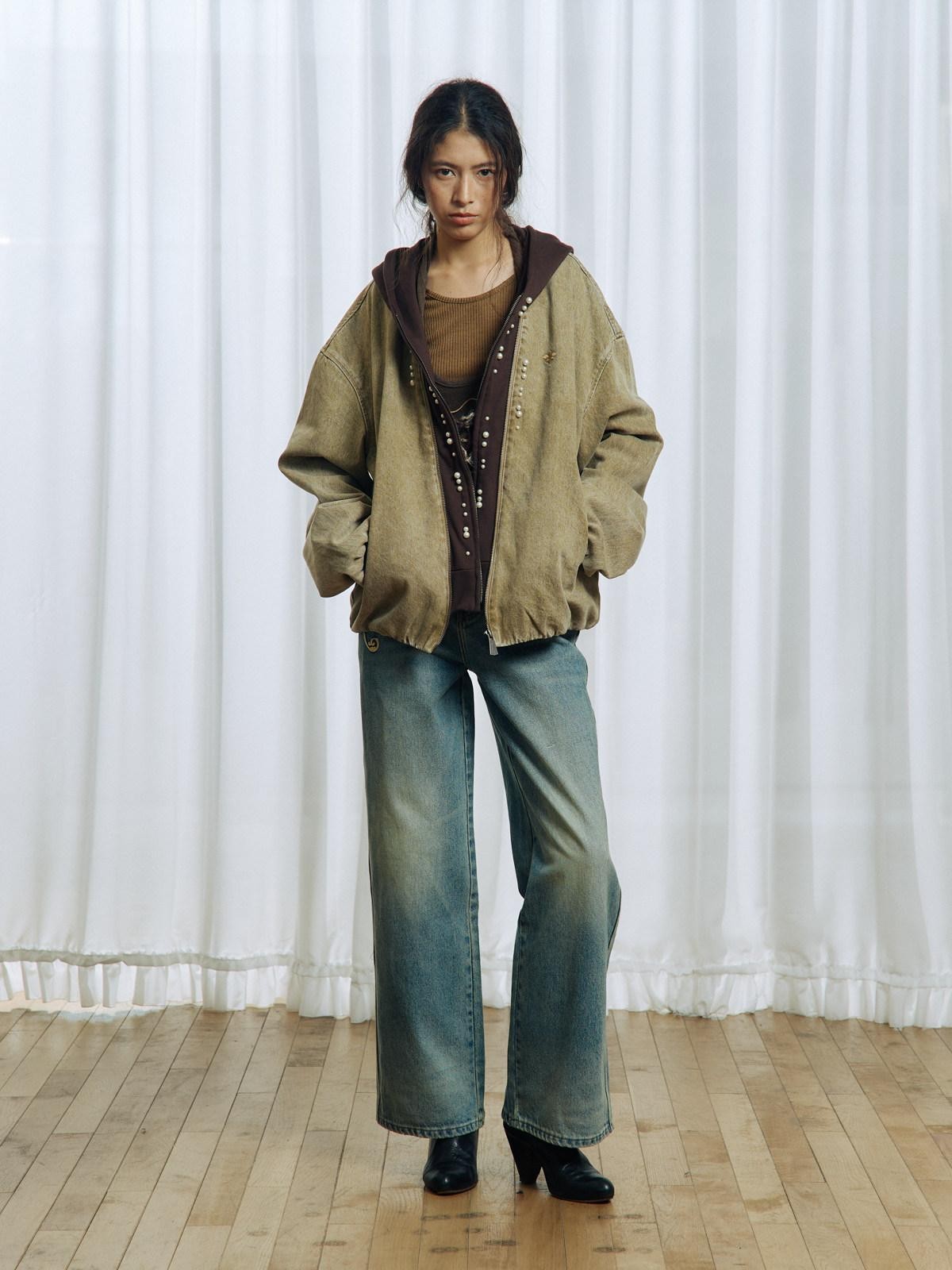 APRIORITY Vintage Floral Rope Embroidered Women's Washed Denim Straight-leg Jeans