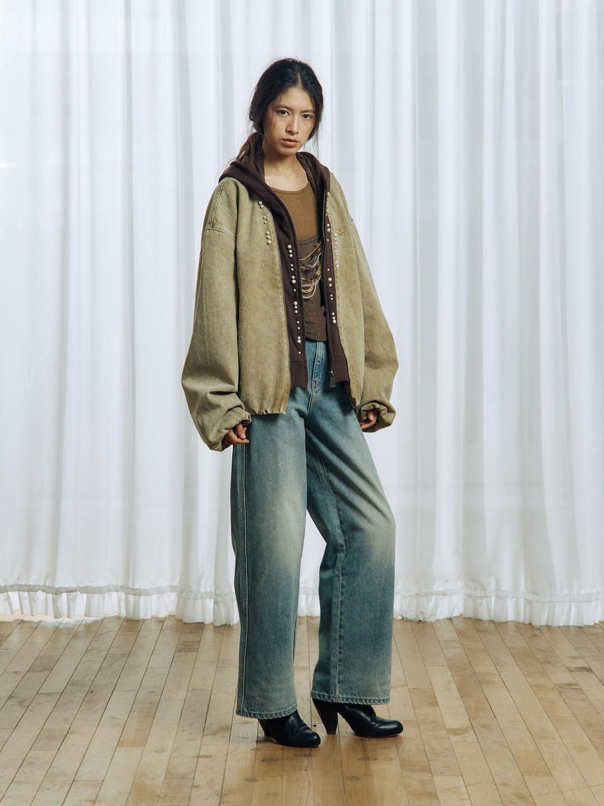 APRIORITY Vintage Floral Rope Embroidered Women's Washed Denim Straight-leg Jeans