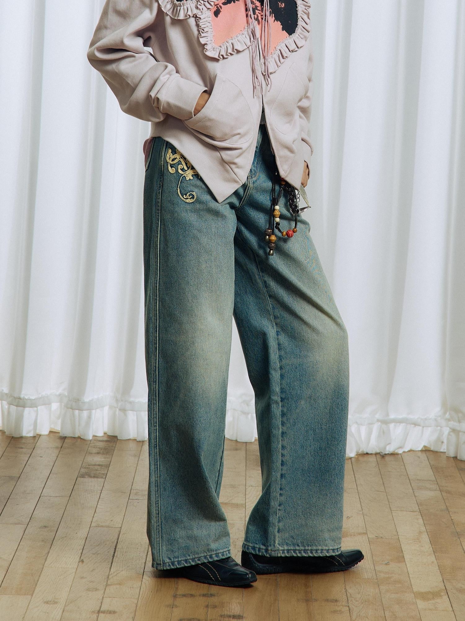APRIORITY Vintage Floral Rope Embroidered Women's Washed Denim Straight-leg Jeans