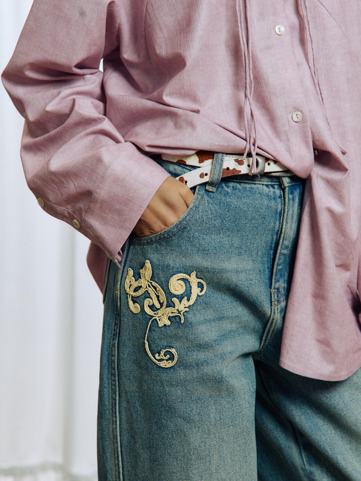 APRIORITY Vintage Floral Rope Embroidered Women's Washed Denim Straight-leg Jeans