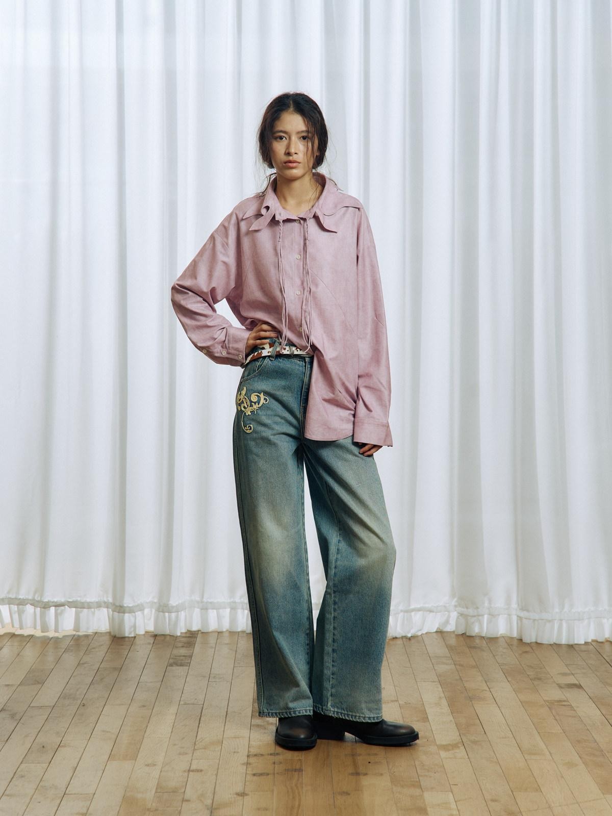APRIORITY Vintage Floral Rope Embroidered Women's Washed Denim Straight-leg Jeans