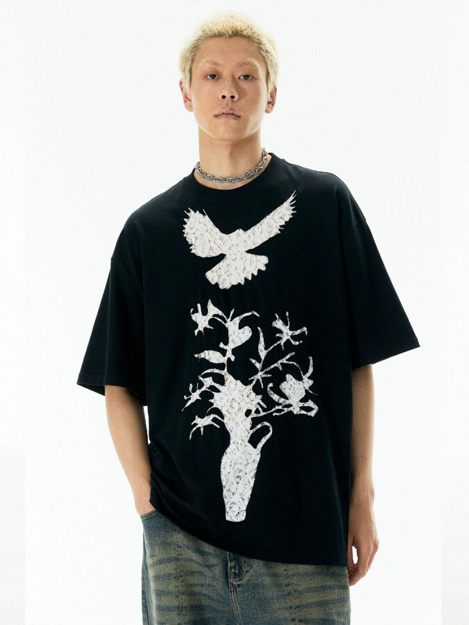 APRIORITY Vintage Lace Cutout Patchwork Bird Print Women's Cotton Short Sleeve T-shirts