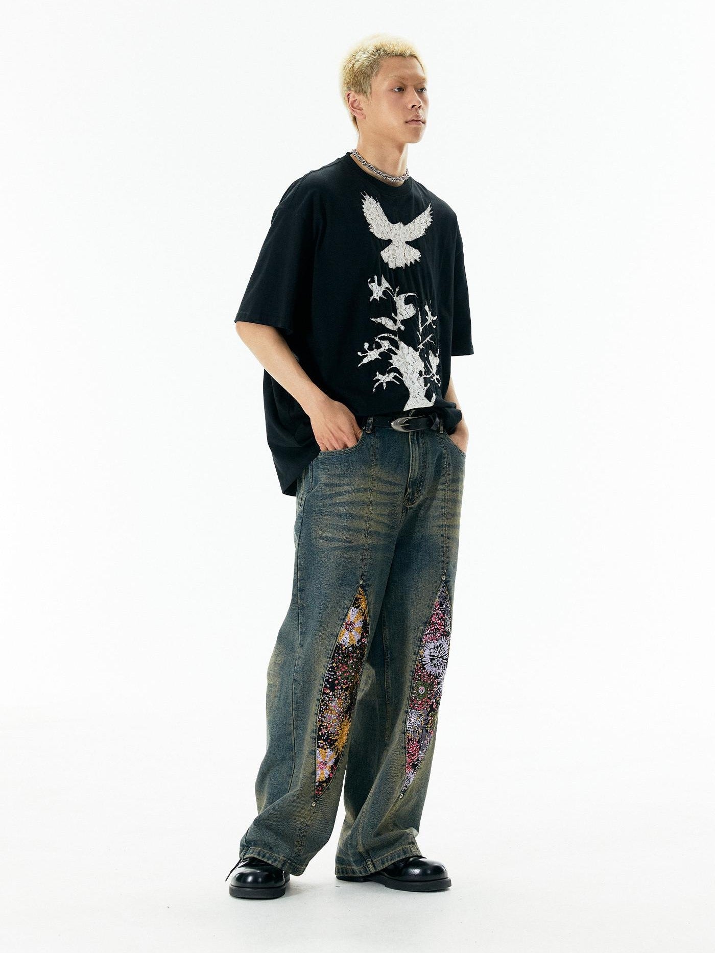 APRIORITY Vintage Lace Cutout Patchwork Bird Print Women's Cotton Short Sleeve T-shirts