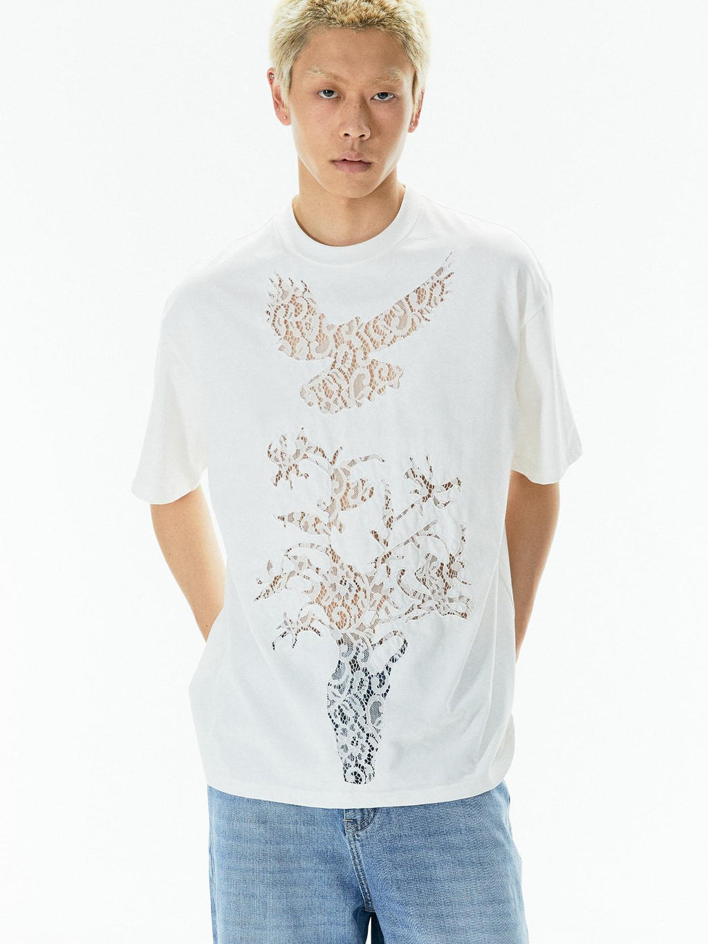 APRIORITY Vintage Lace Cutout Patchwork Bird Print Women's Cotton Short Sleeve T-shirts