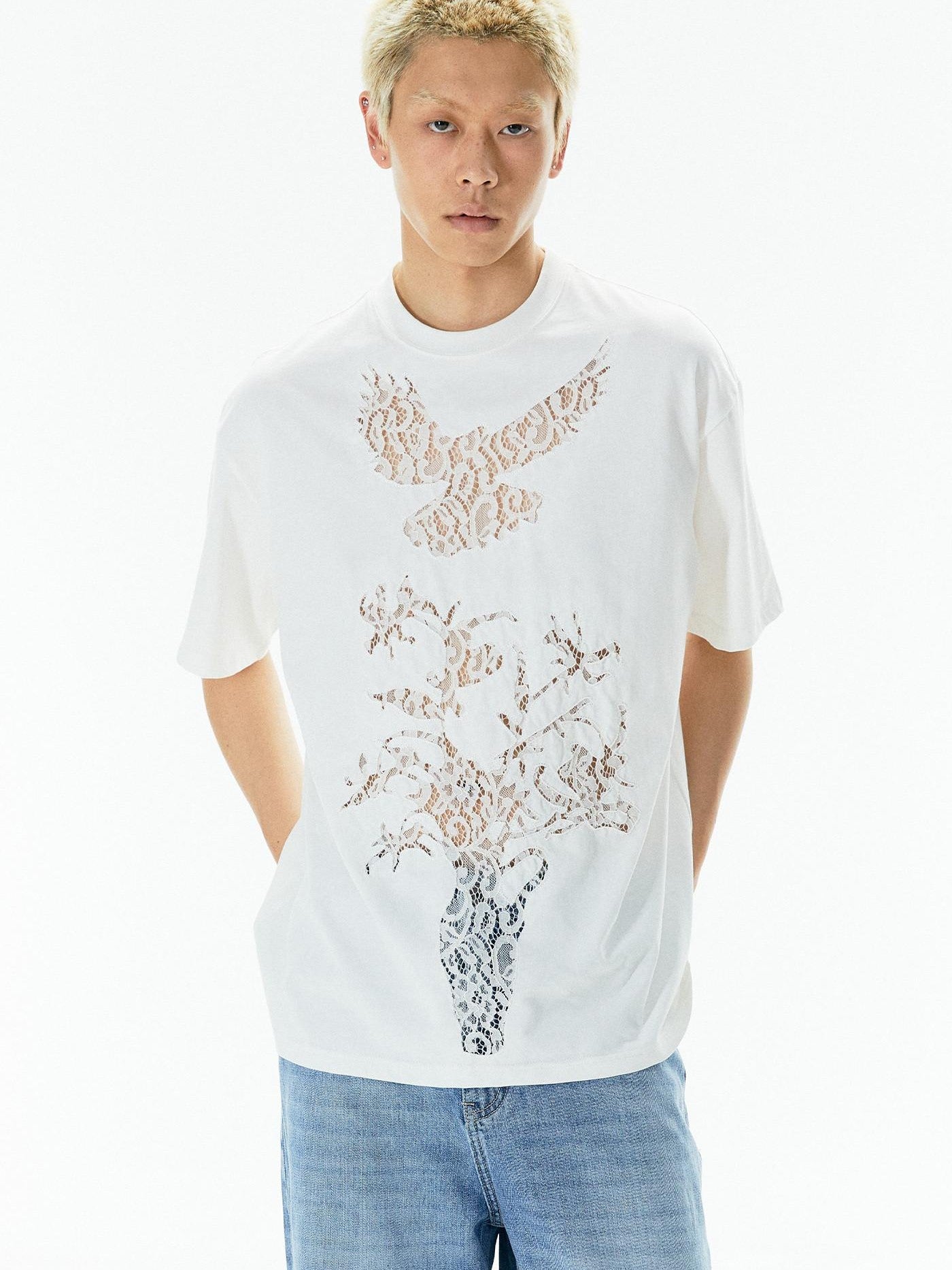 APRIORITY Vintage Lace Cutout Patchwork Bird Print Women's Cotton Short Sleeve T-shirts