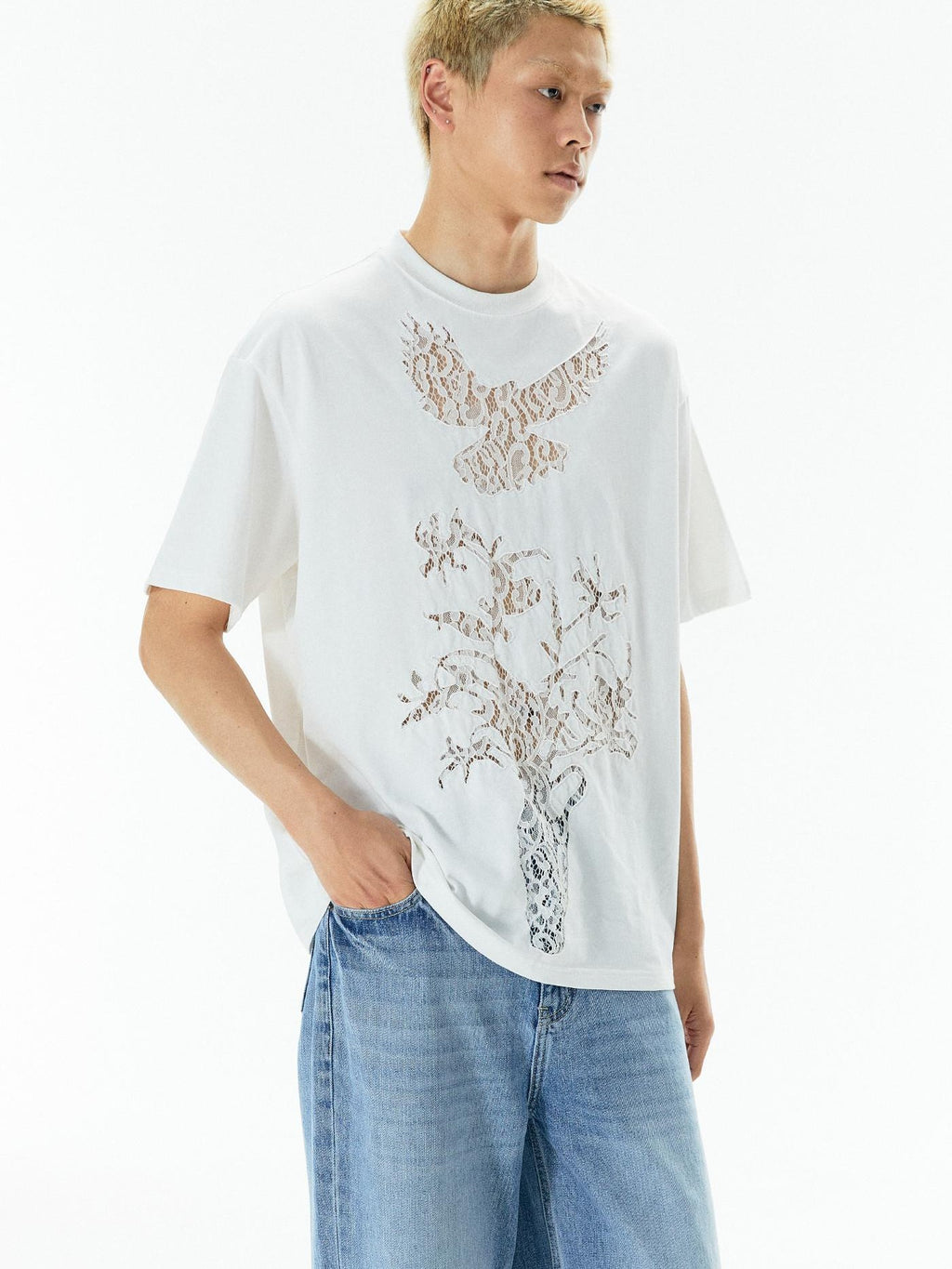 APRIORITY Vintage Lace Cutout Patchwork Bird Print Women's Cotton Short Sleeve T-shirts