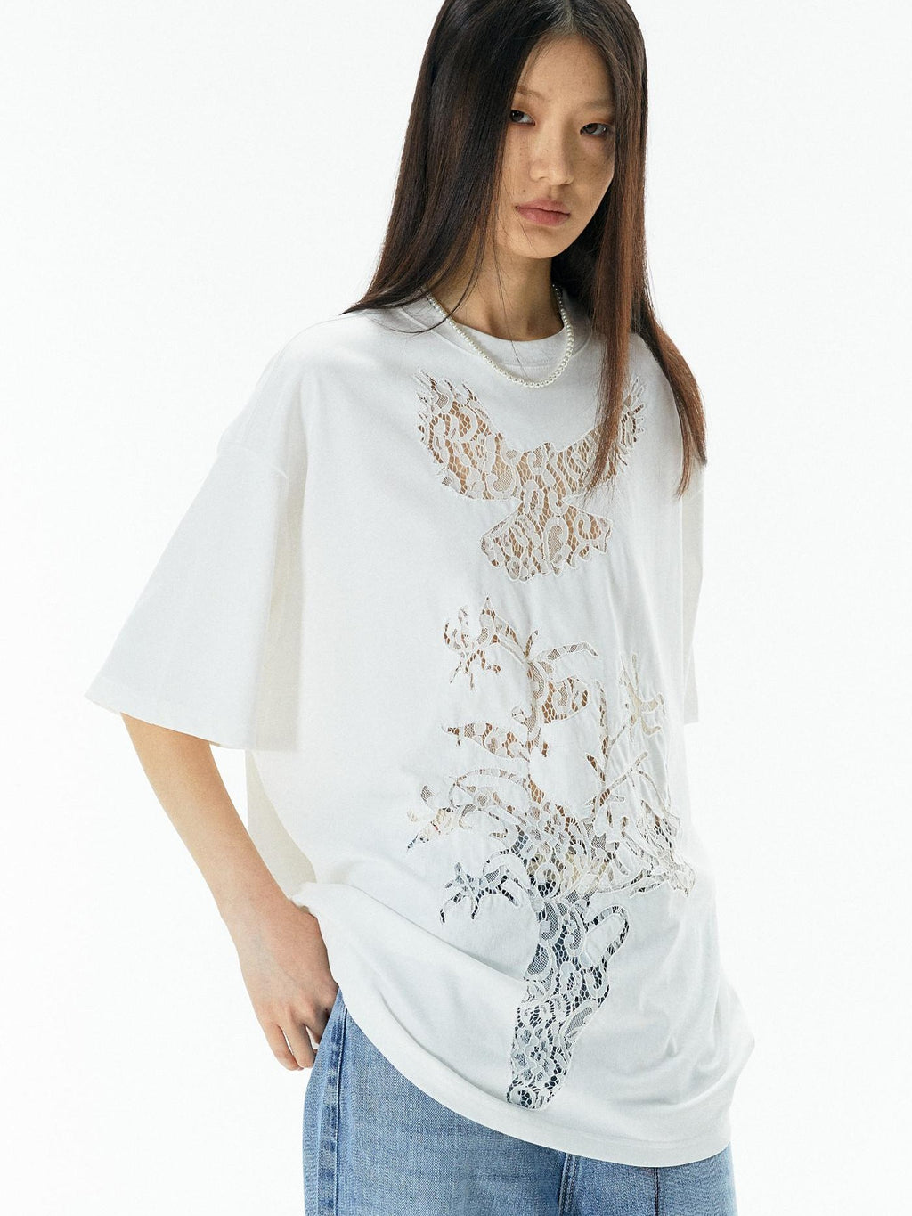 APRIORITY Vintage Lace Cutout Patchwork Bird Print Women's Cotton Short Sleeve T-shirts