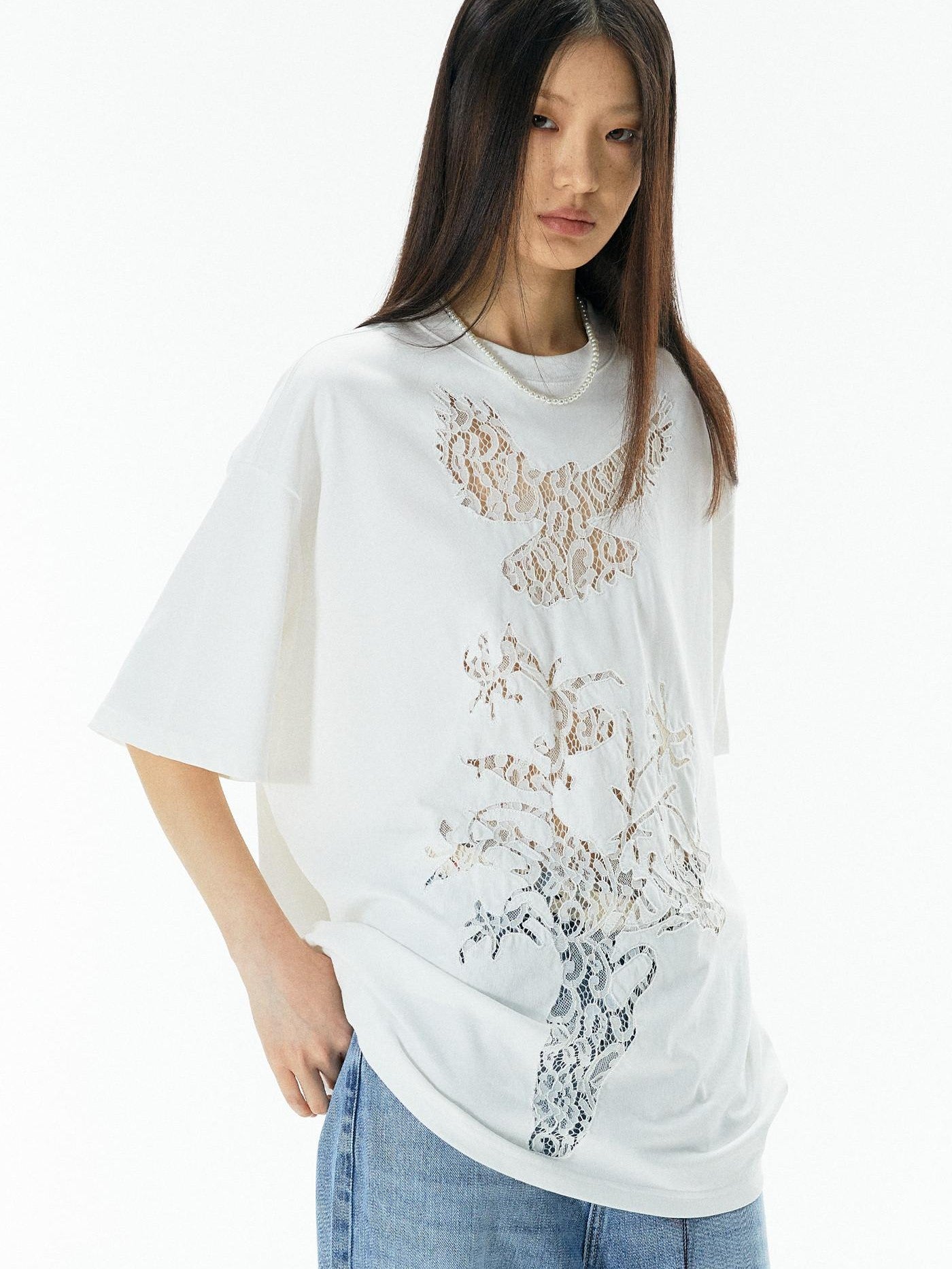 APRIORITY Vintage Lace Cutout Patchwork Bird Print Women's Cotton Short Sleeve T-shirts
