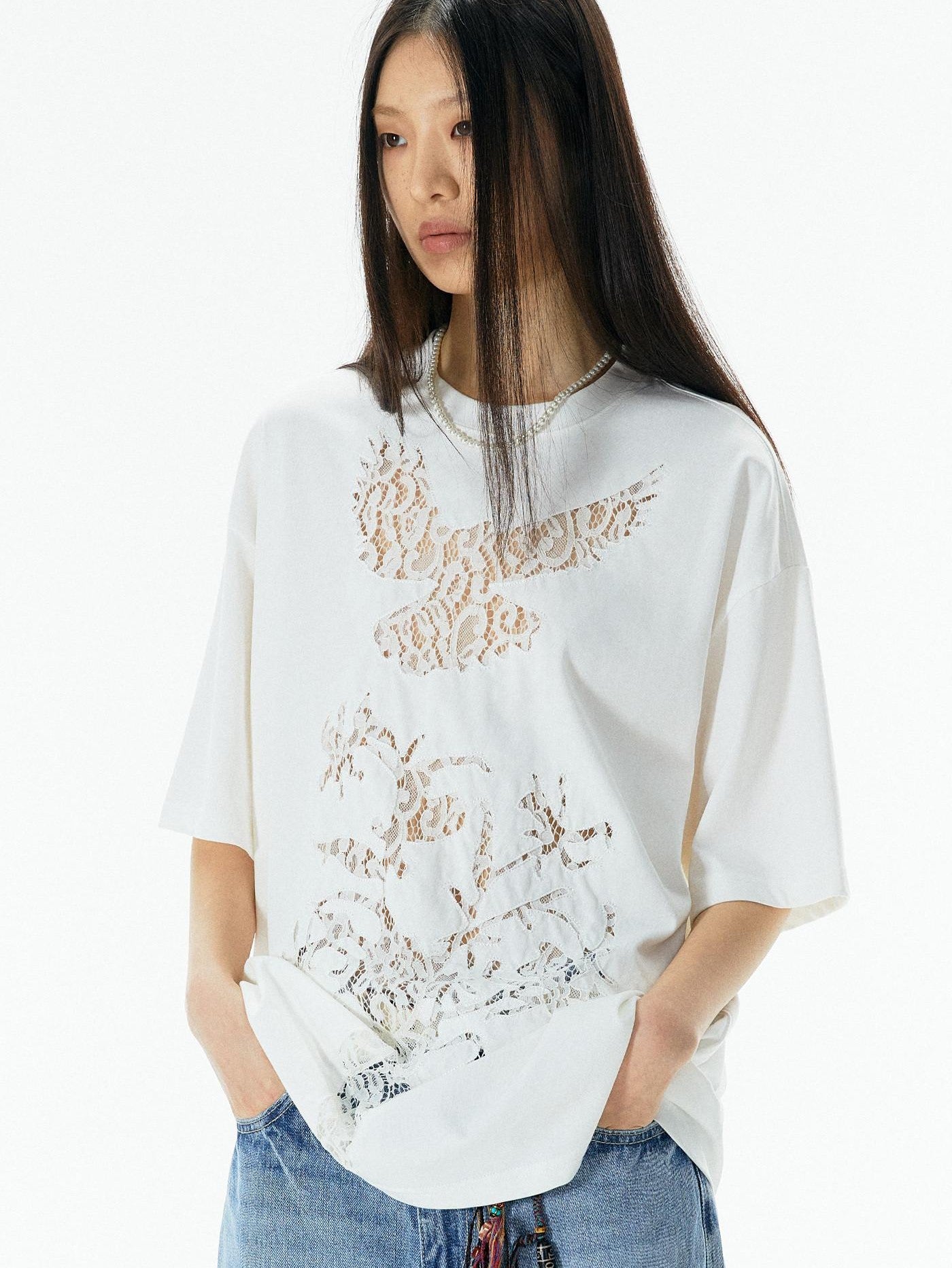 APRIORITY Vintage Lace Cutout Patchwork Bird Print Women's Cotton Short Sleeve T-shirts