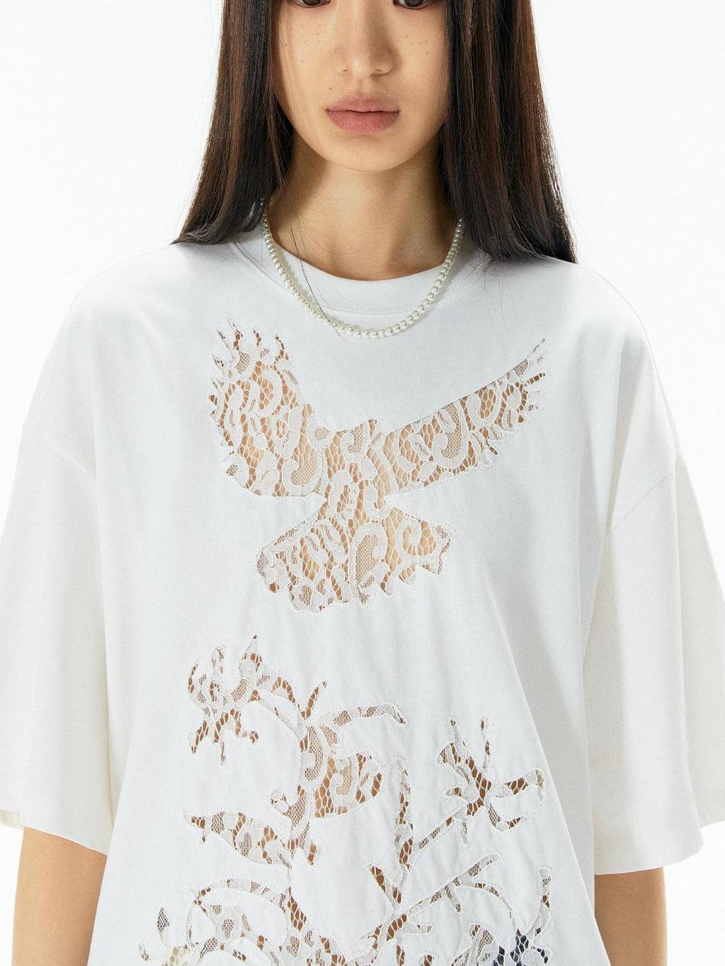 APRIORITY Vintage Lace Cutout Patchwork Bird Print Women's Cotton Short Sleeve T-shirts