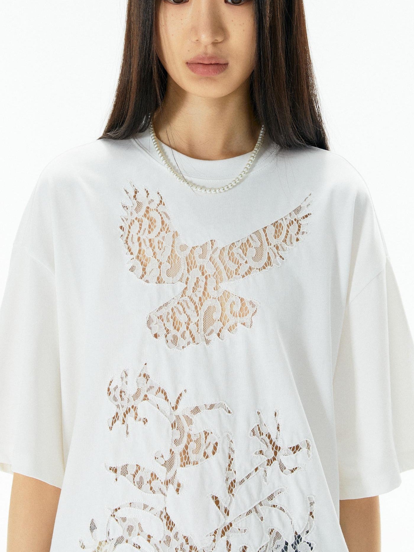 APRIORITY Vintage Lace Cutout Patchwork Bird Print Women's Cotton Short Sleeve T-shirts