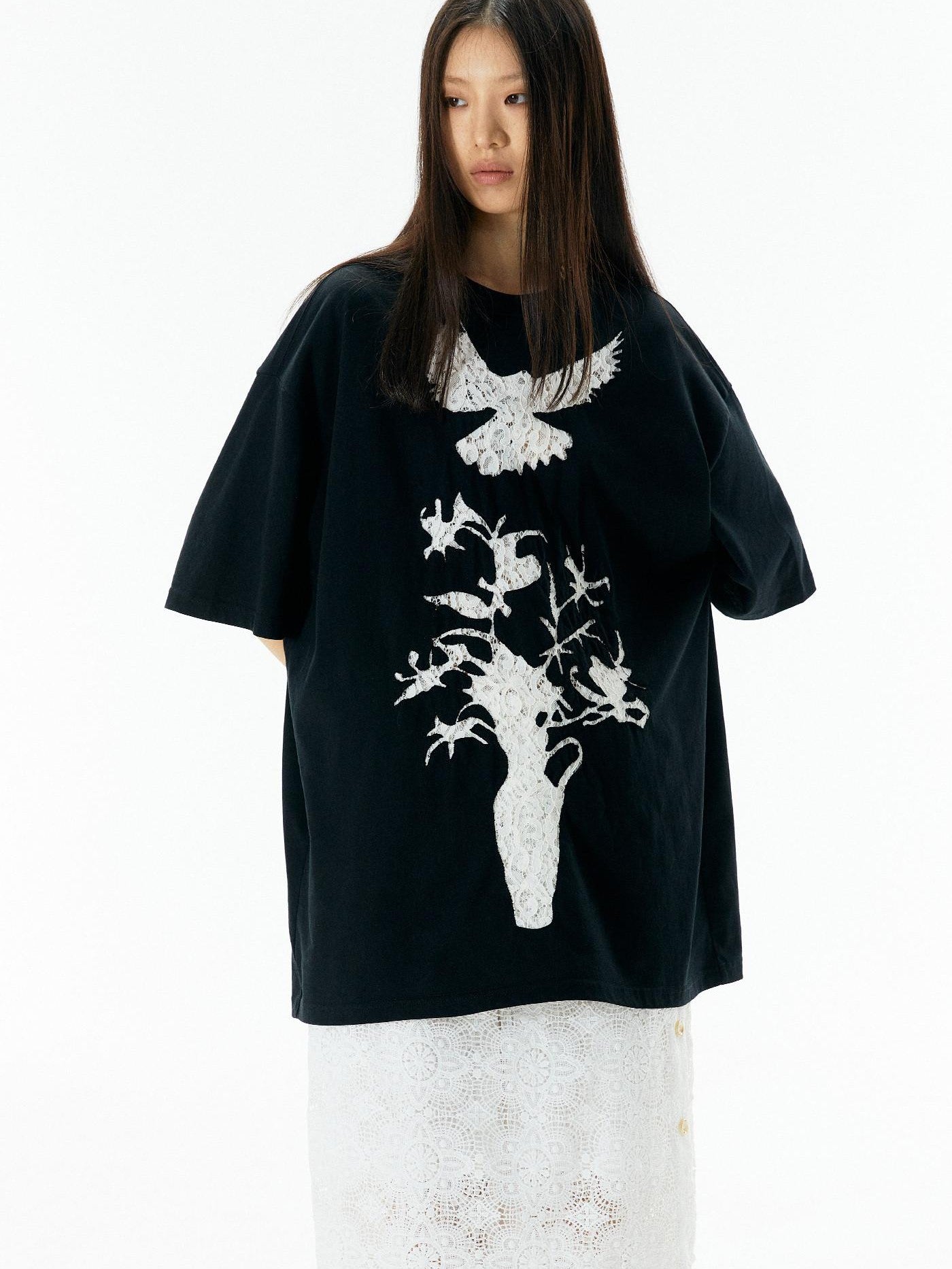 APRIORITY Vintage Lace Cutout Patchwork Bird Print Women's Cotton Short Sleeve T-shirts