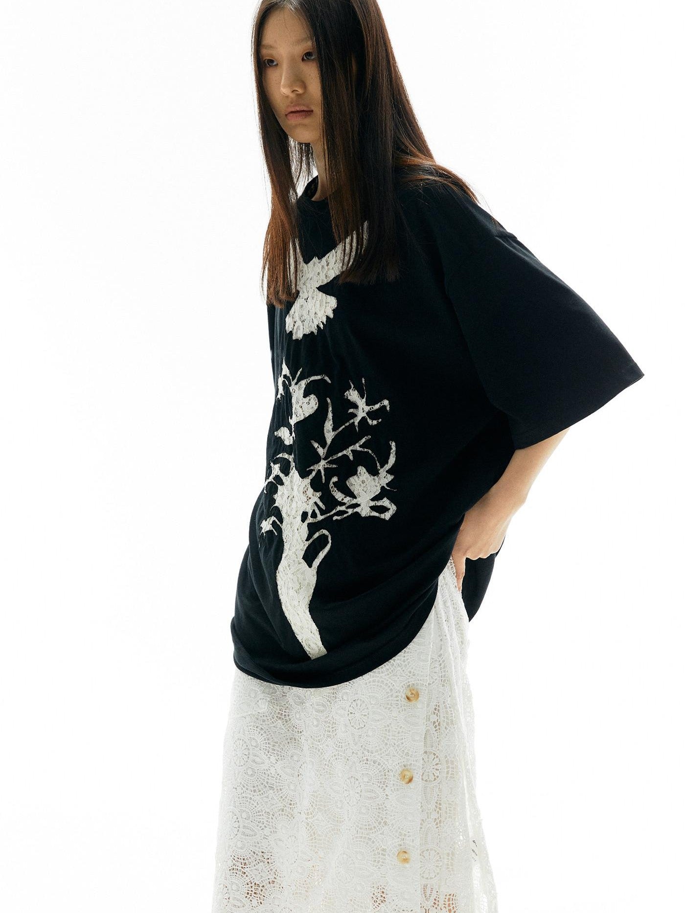 APRIORITY Vintage Lace Cutout Patchwork Bird Print Women's Cotton Short Sleeve T-shirts