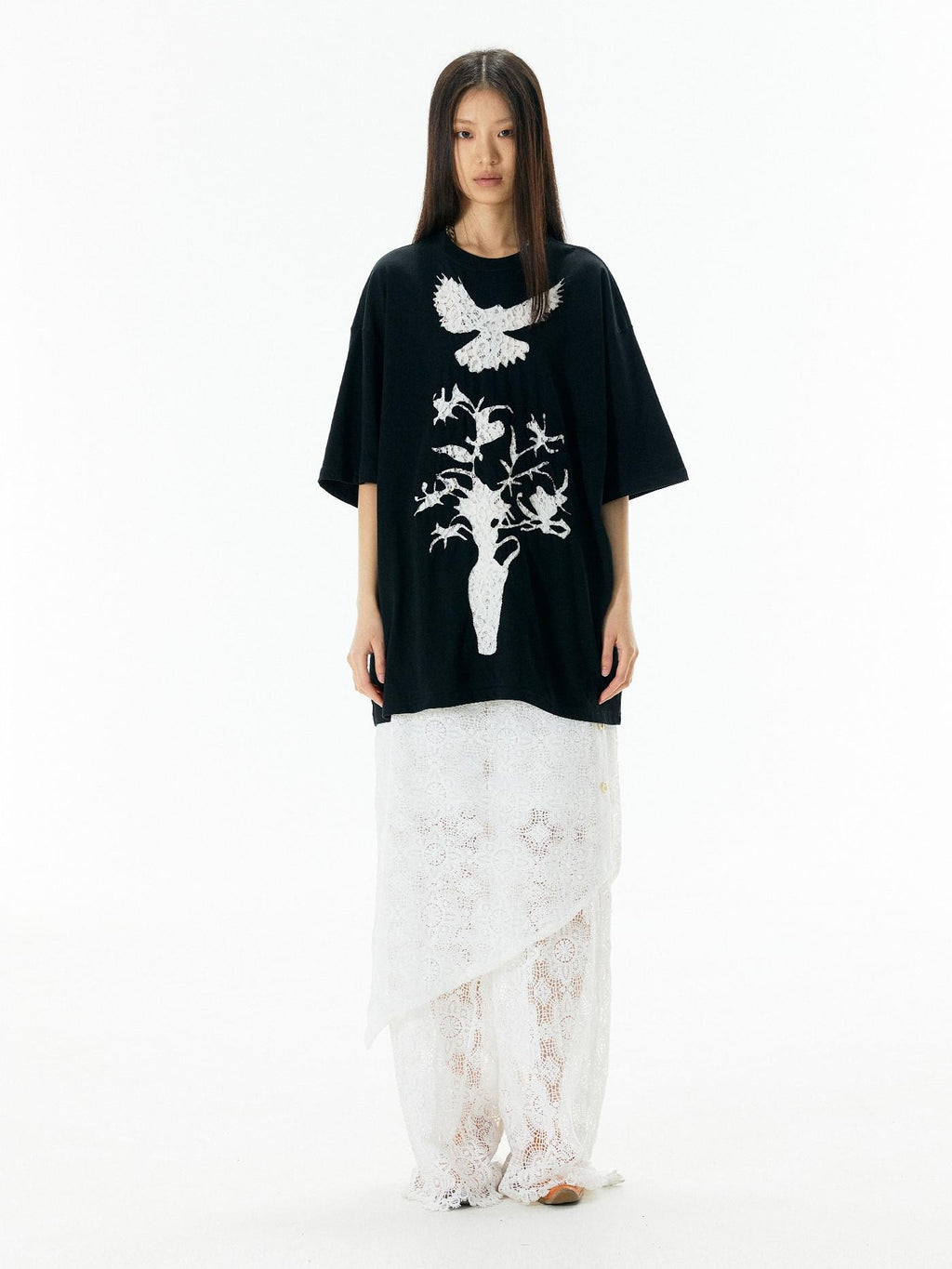 APRIORITY Vintage Lace Cutout Patchwork Bird Print Women's Cotton Short Sleeve T-shirts