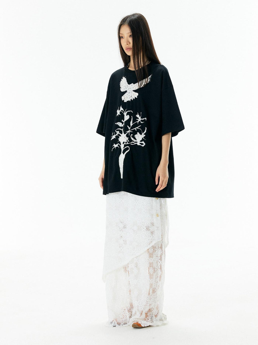 APRIORITY Vintage Lace Cutout Patchwork Bird Print Women's Cotton Short Sleeve T-shirts