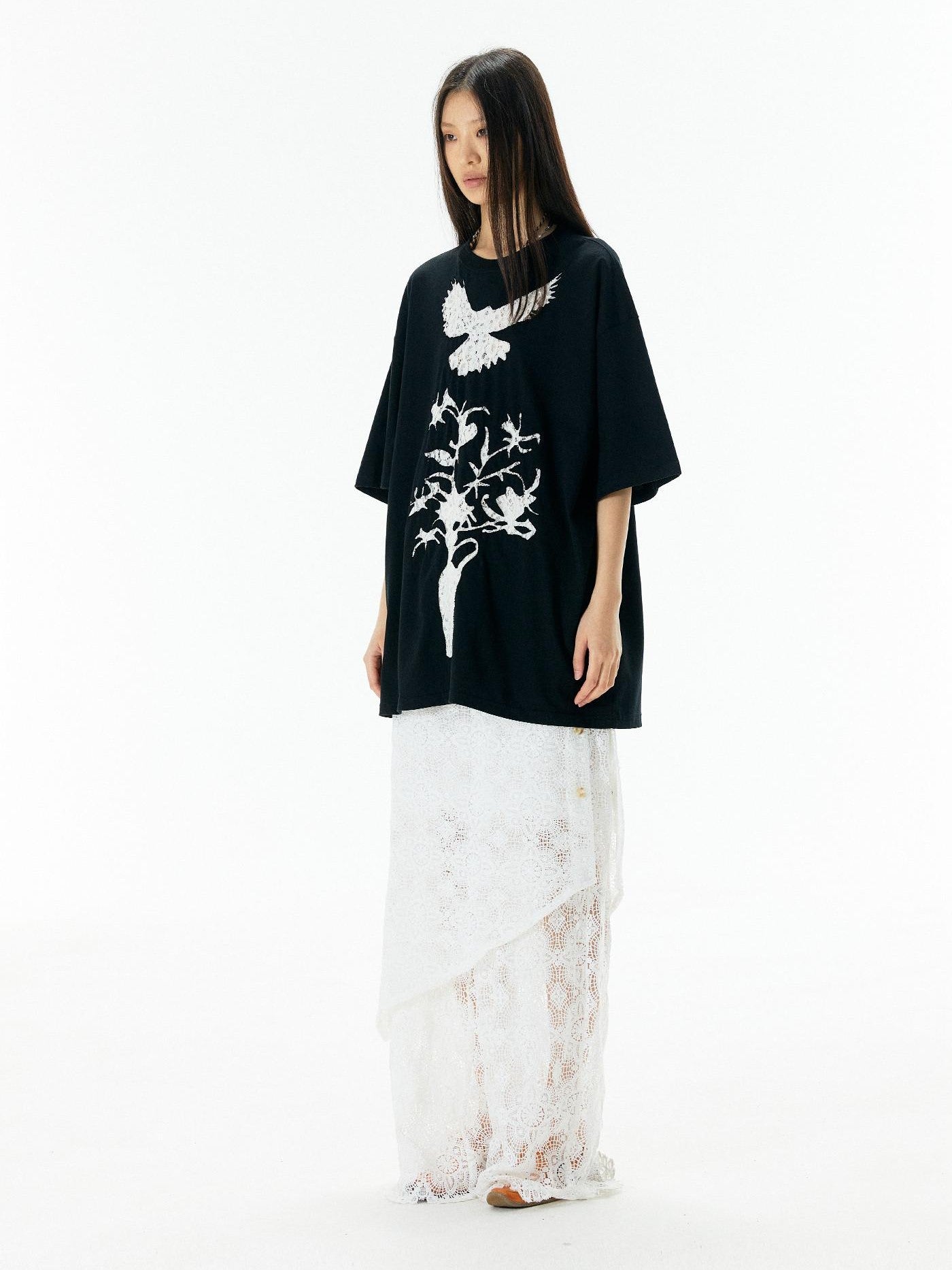 APRIORITY Vintage Lace Cutout Patchwork Bird Print Women's Cotton Short Sleeve T-shirts