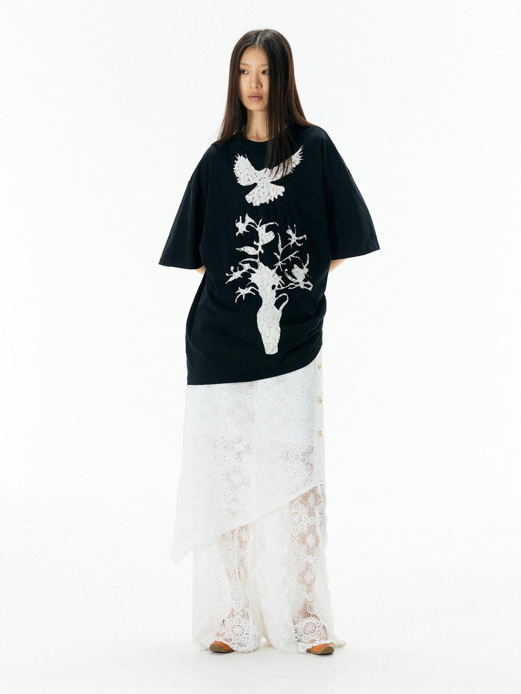 APRIORITY Vintage Lace Cutout Patchwork Bird Print Women's Cotton Short Sleeve T-shirts