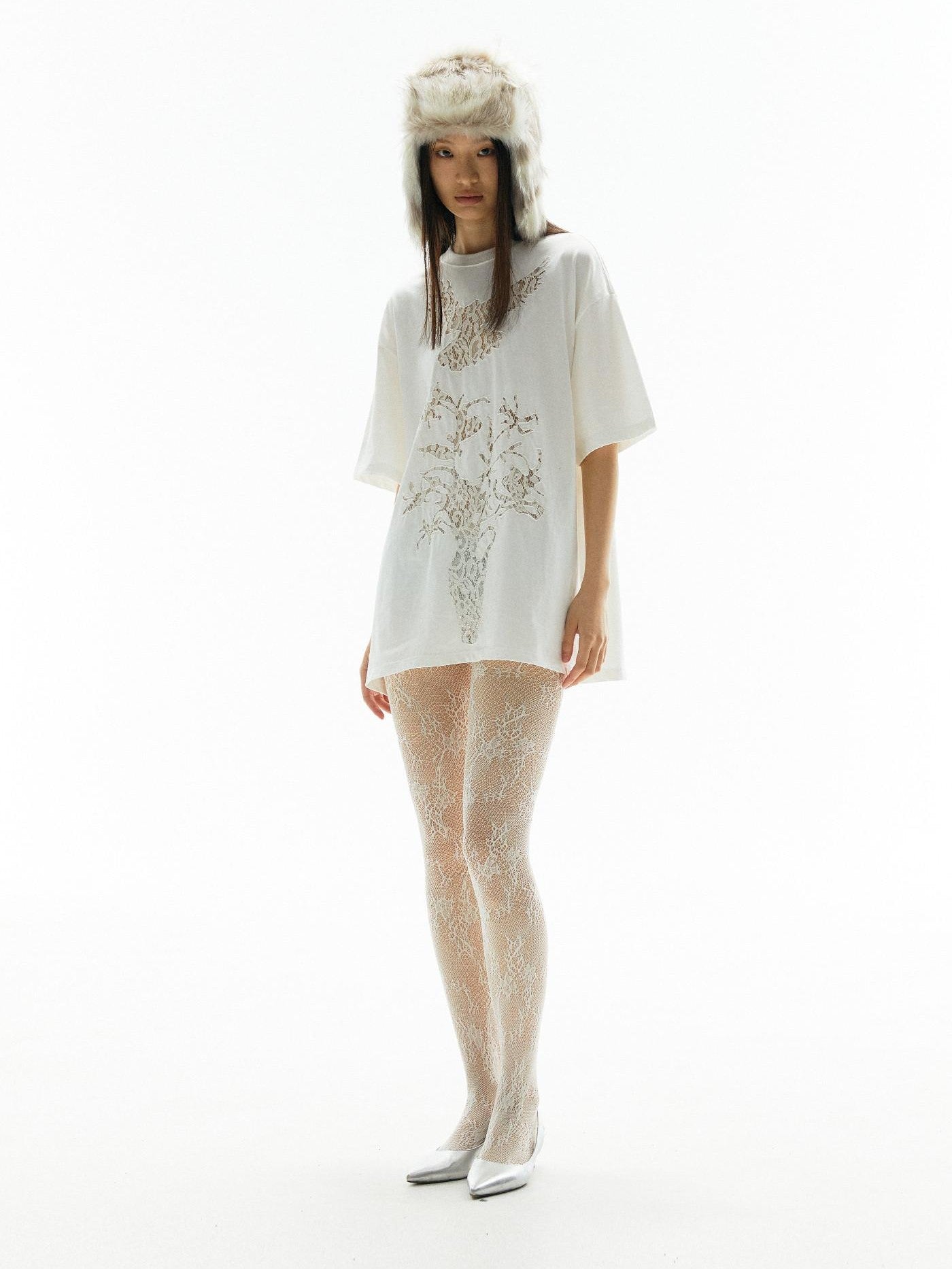 APRIORITY Vintage Lace Cutout Patchwork Bird Print Women's Cotton Short Sleeve T-shirts