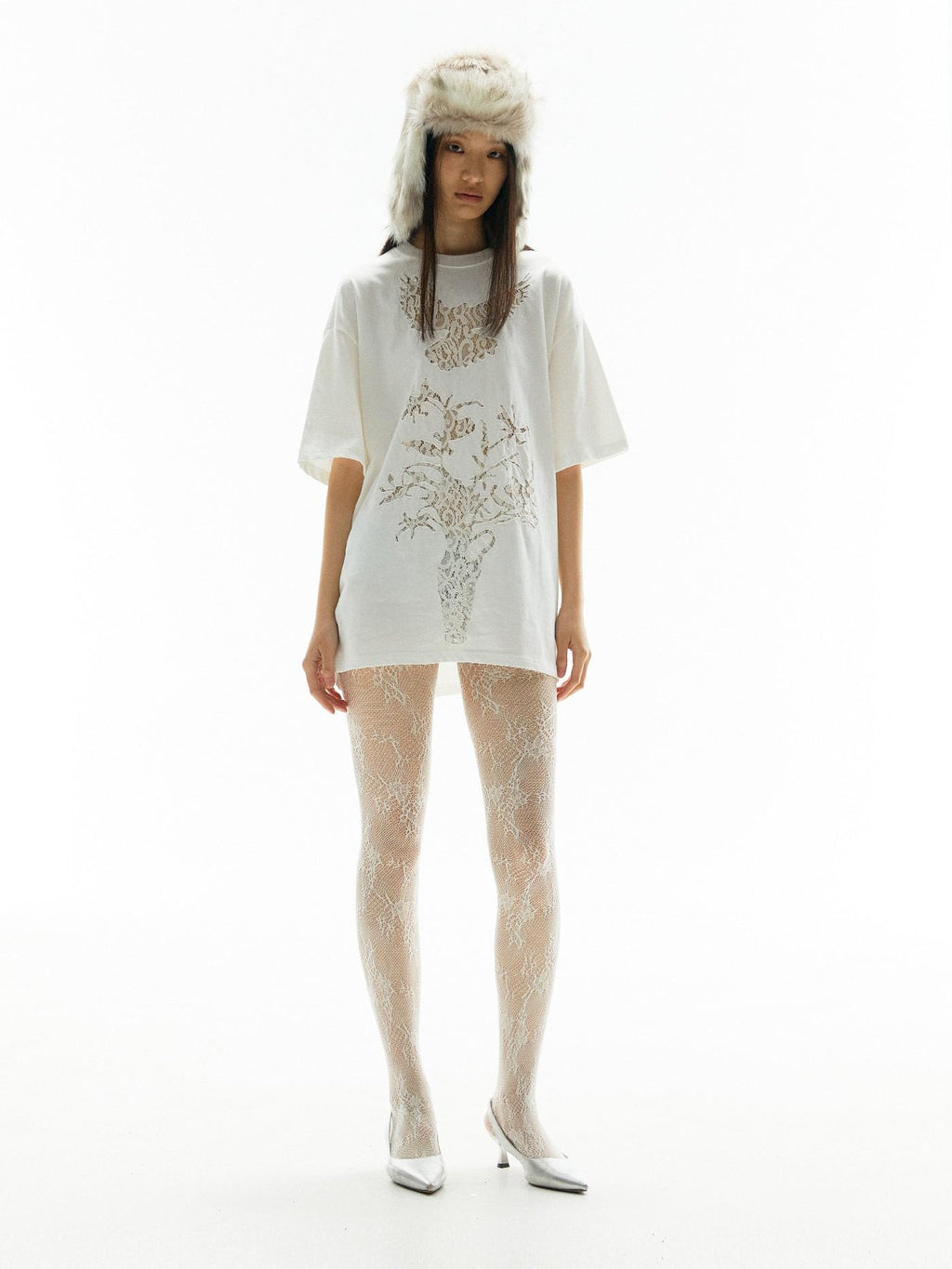 APRIORITY Vintage Lace Cutout Patchwork Bird Print Women's Cotton Short Sleeve T-shirts