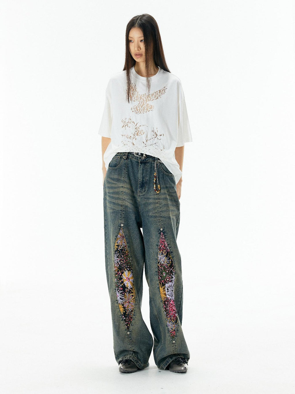 APRIORITY Vintage Lace Cutout Patchwork Bird Print Women's Cotton Short Sleeve T-shirts