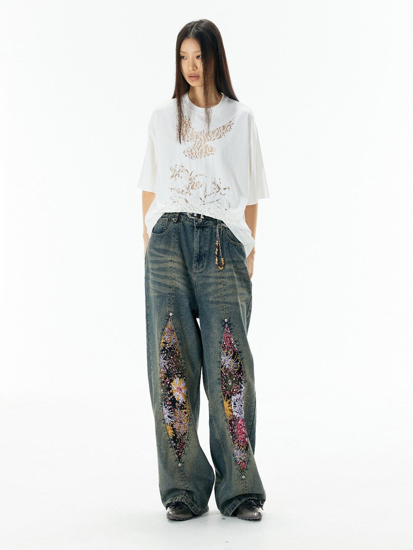 APRIORITY Vintage Lace Cutout Patchwork Bird Print Women's Cotton Short Sleeve T-shirts
