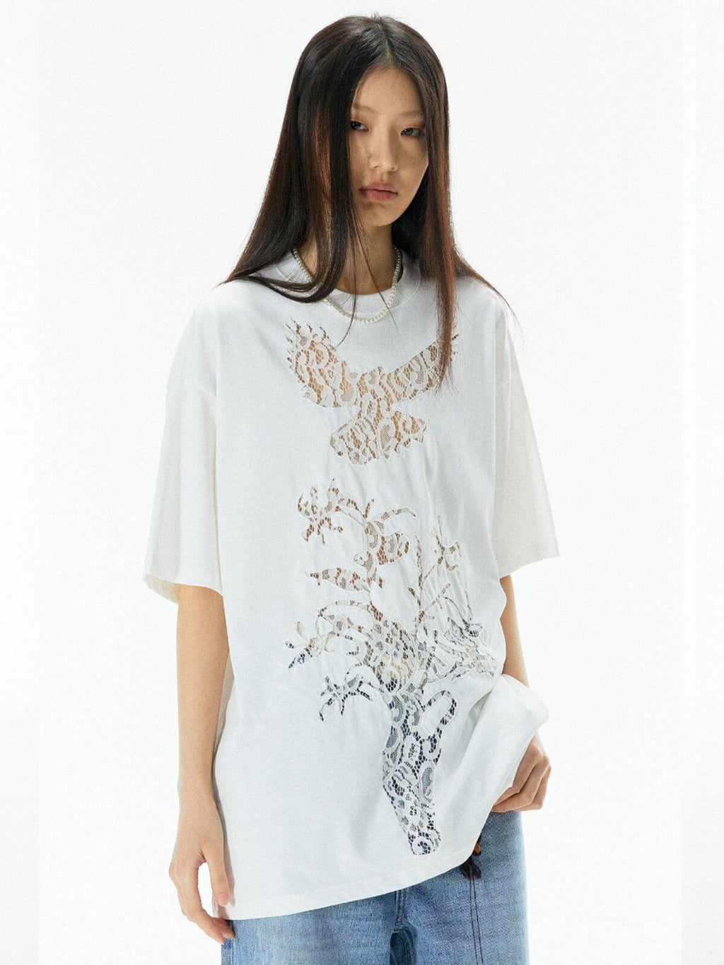 APRIORITY Vintage Lace Cutout Patchwork Bird Print Women's Cotton Short Sleeve T-shirts