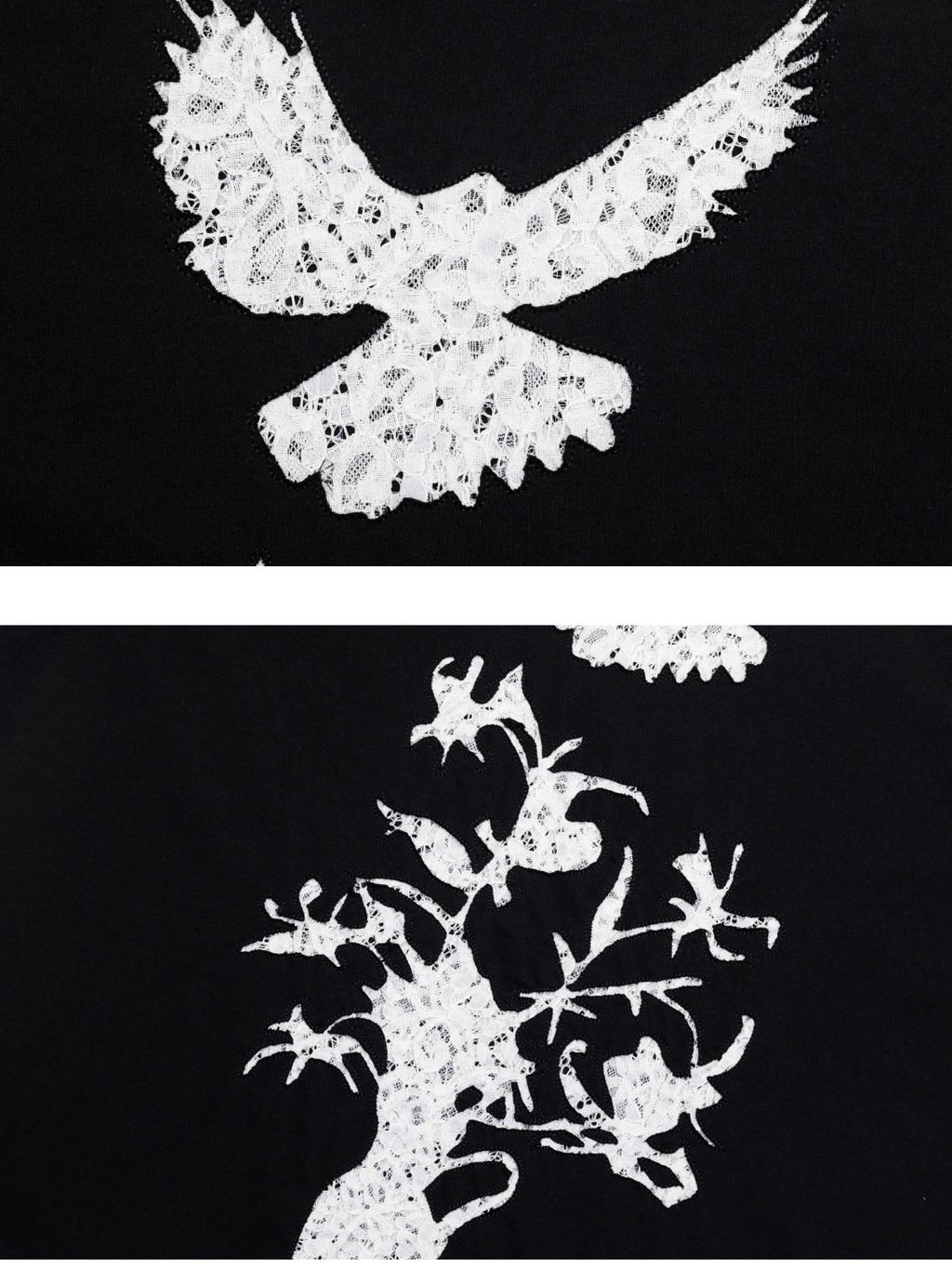 APRIORITY Vintage Lace Cutout Patchwork Bird Print Women's Cotton Short Sleeve T-shirts