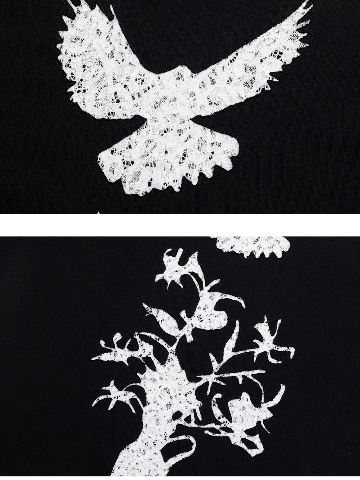 APRIORITY Vintage Lace Cutout Patchwork Bird Print Women's Cotton Short Sleeve T-shirts