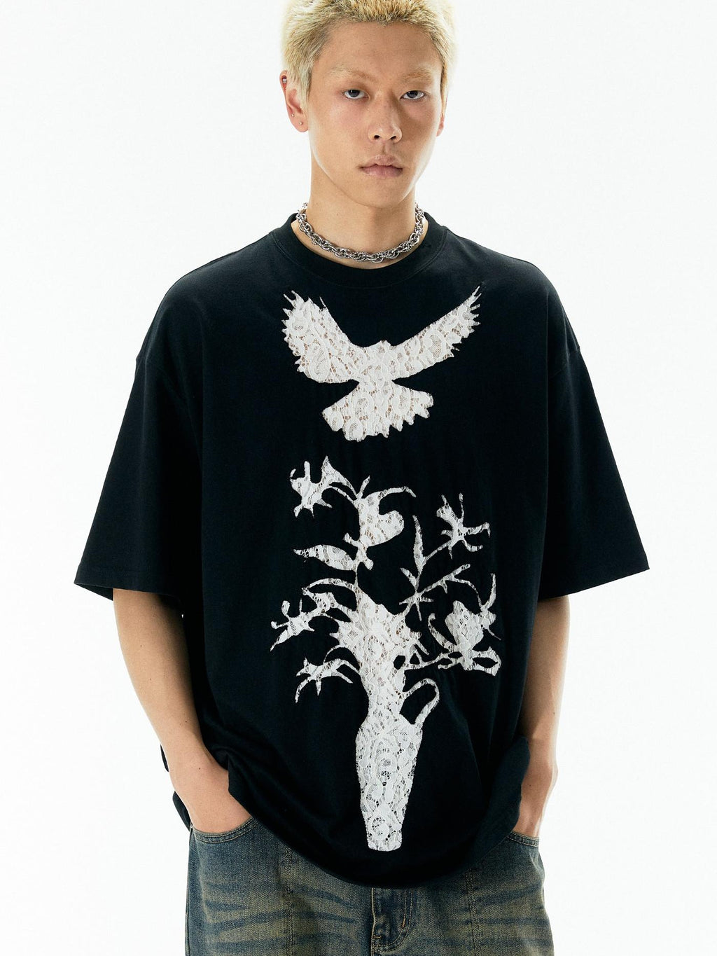 APRIORITY Vintage Lace Cutout Patchwork Bird Print Women's Cotton Short Sleeve T-shirts
