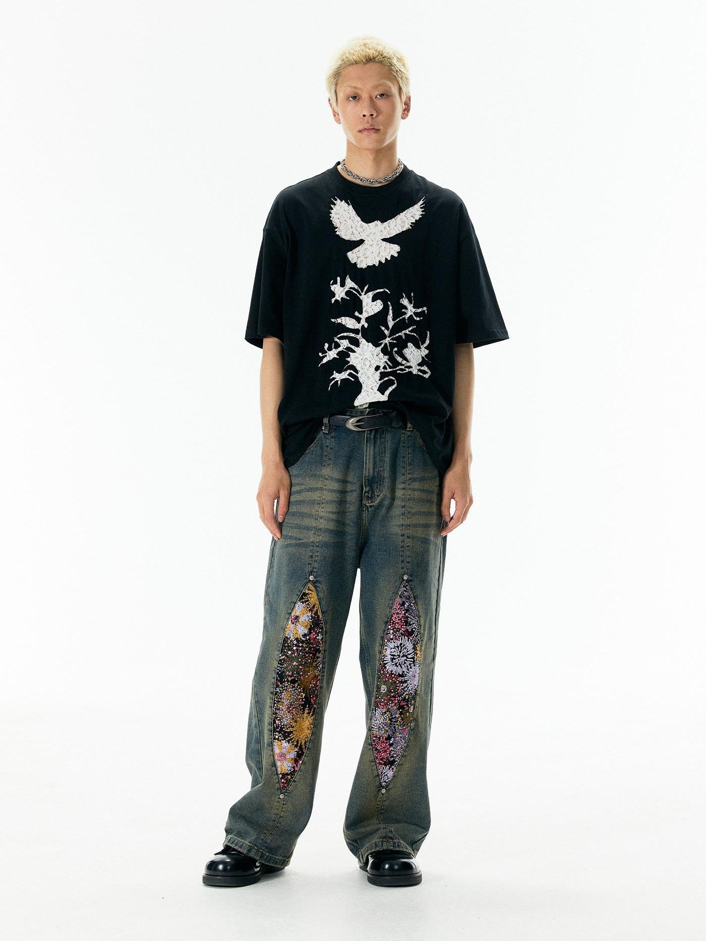 APRIORITY Vintage Lace Cutout Patchwork Bird Print Women's Cotton Short Sleeve T-shirts