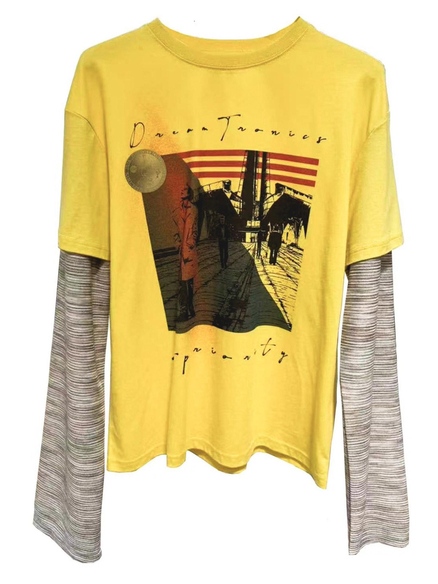APRIORITY Vintage Print Textured Striped Faux Layered Women's Cotton Long Sleeve T-shirts