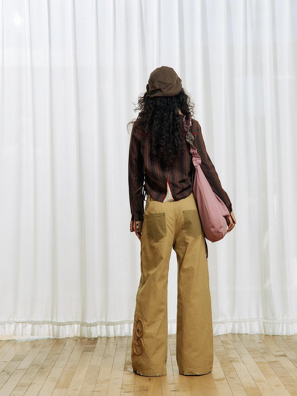 APRIORITY Vintage Striped Lace Splice Drawstring Collared Women's Polyester Cotton Blouses