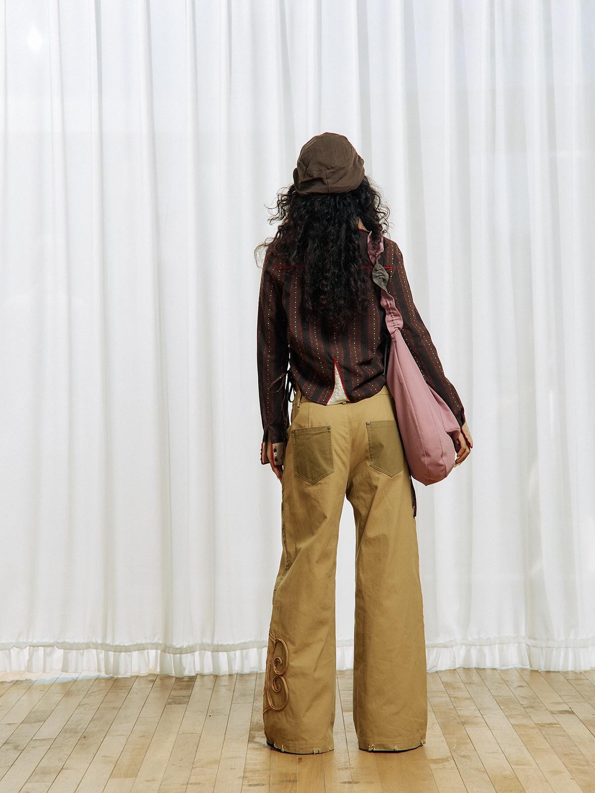 APRIORITY Vintage Striped Lace Splice Drawstring Collared Women's Polyester Cotton Blouses