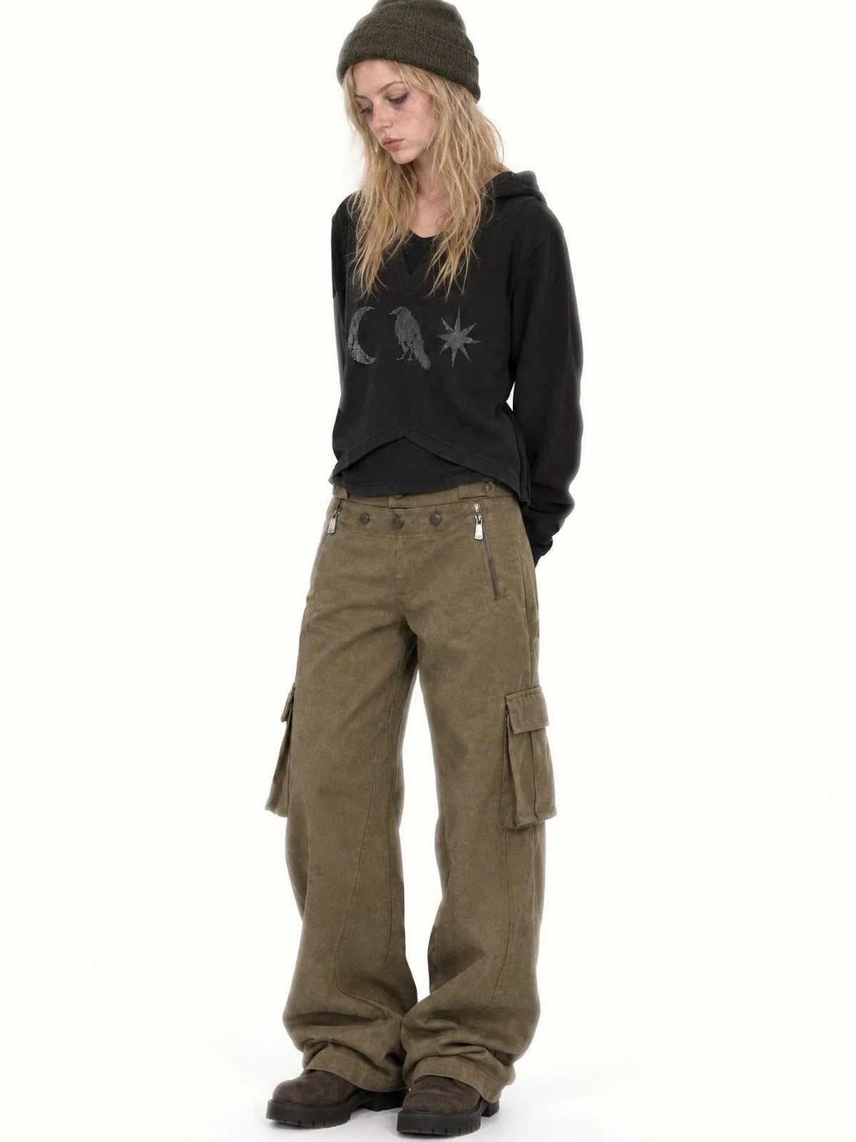 APRIORITY Vintage Wash 3d Pocket Side Zip Straight Leg Women's Polyester Cargo Pants