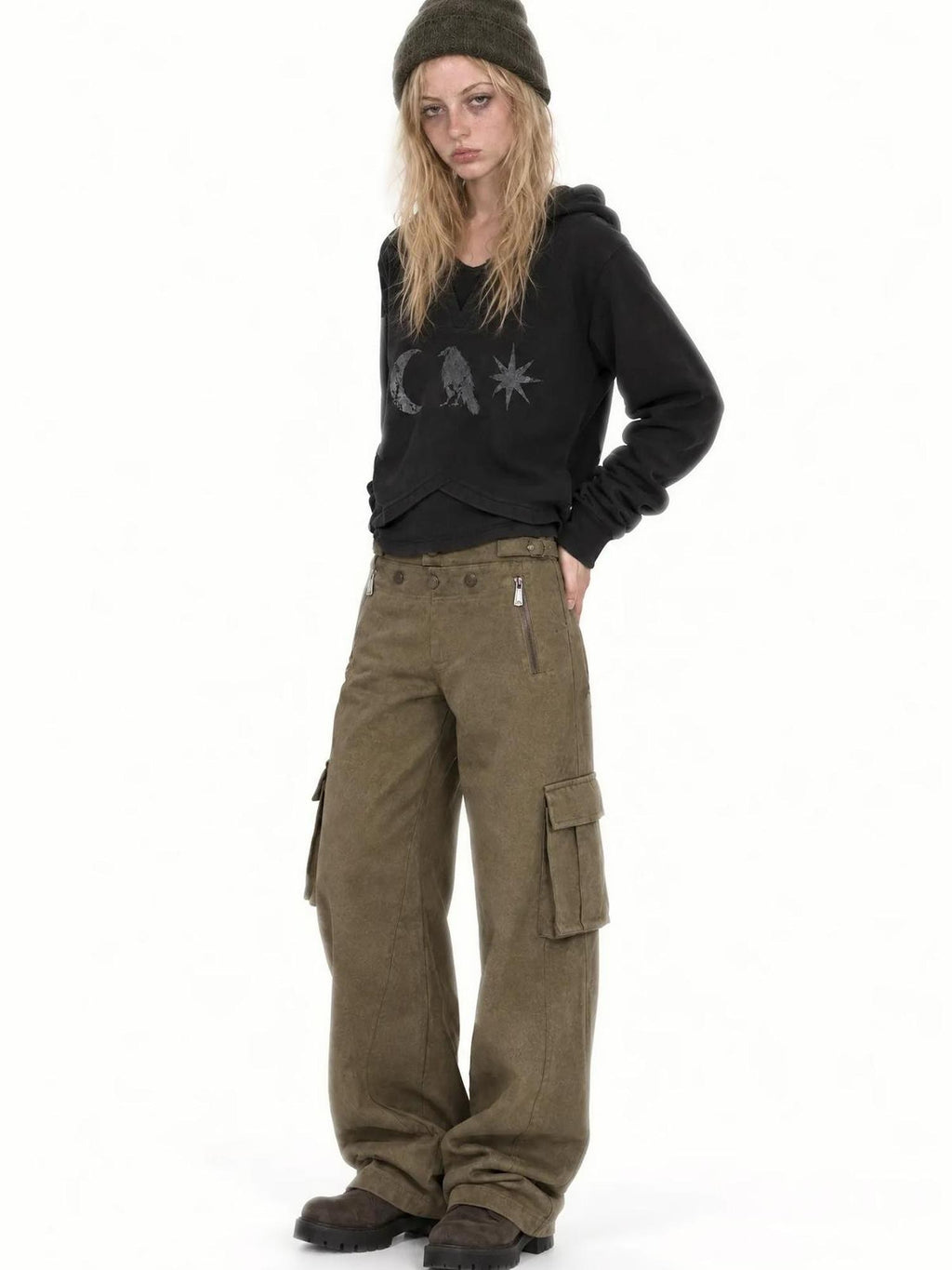 APRIORITY Vintage Wash 3d Pocket Side Zip Straight Leg Women's Polyester Cargo Pants