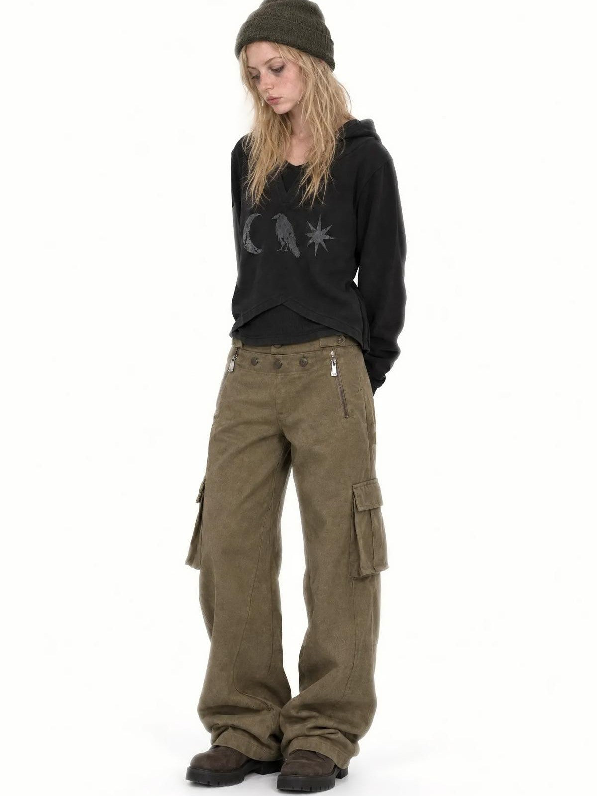 APRIORITY Vintage Wash 3d Pocket Side Zip Straight Leg Women's Polyester Cargo Pants