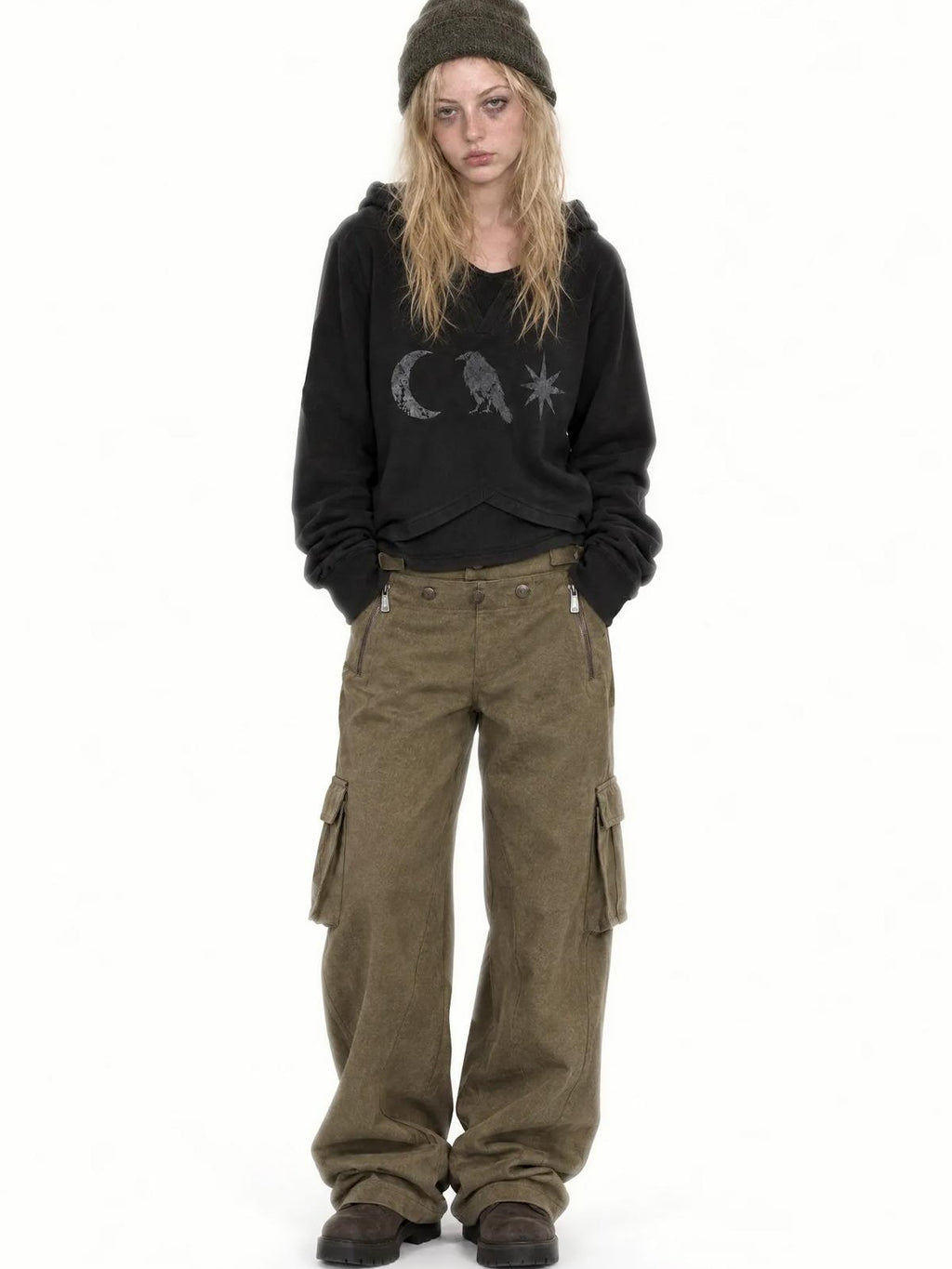APRIORITY Vintage Wash 3d Pocket Side Zip Straight Leg Women's Polyester Cargo Pants