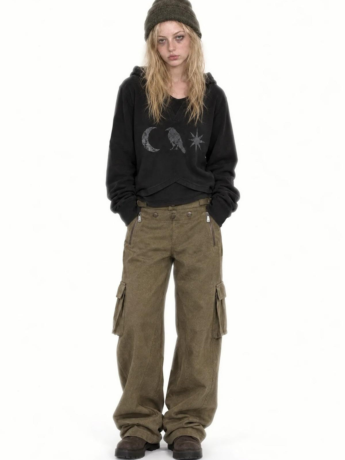 APRIORITY Vintage Wash 3d Pocket Side Zip Straight Leg Women's Polyester Cargo Pants