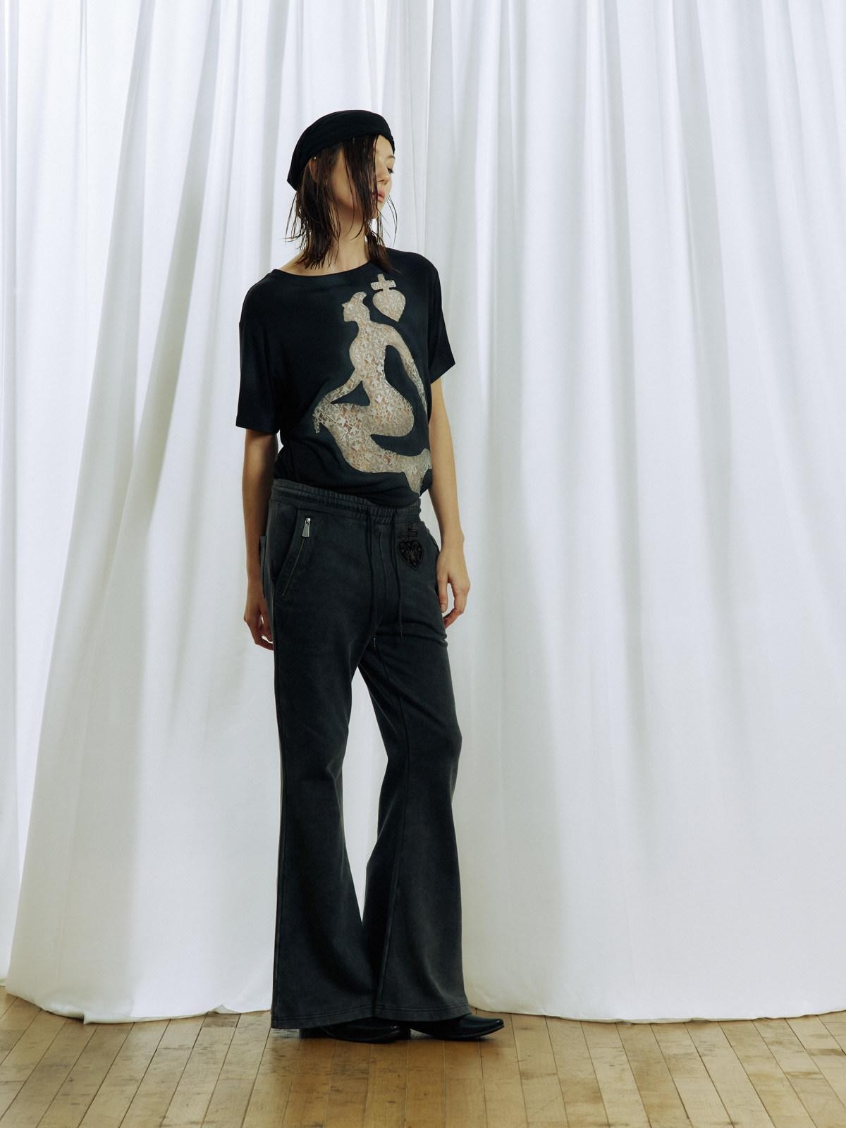 APRIORITY Washed Black Knitted Slim Mid Waist Pocket Women's Cotton Flare Pants