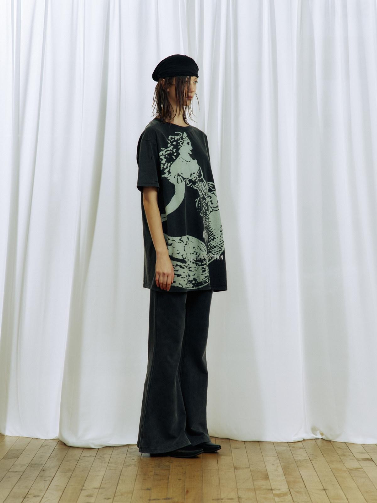 APRIORITY Washed Black Knitted Slim Mid Waist Pocket Women's Cotton Flare Pants
