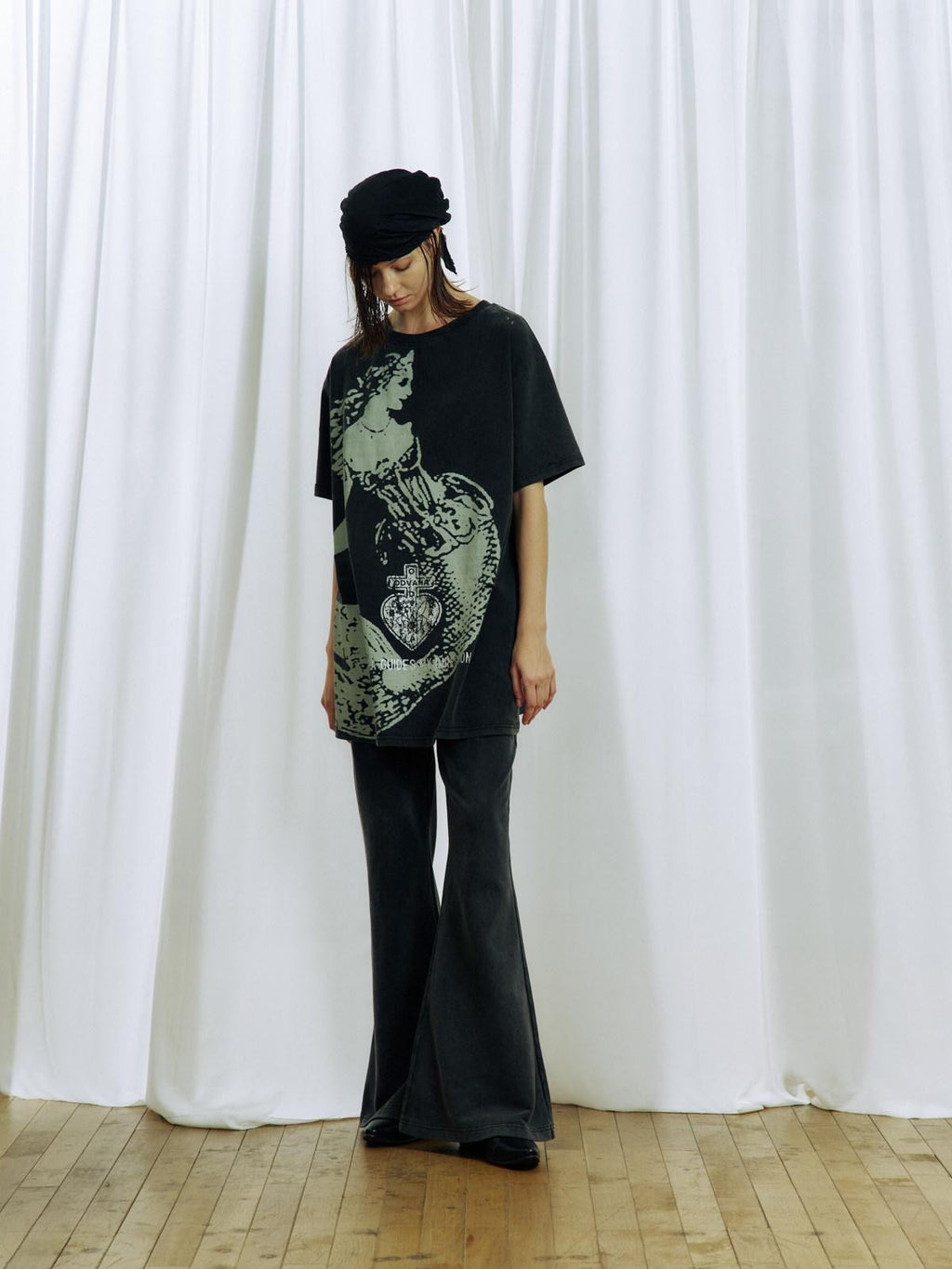 APRIORITY Washed Black Knitted Slim Mid Waist Pocket Women's Cotton Flare Pants