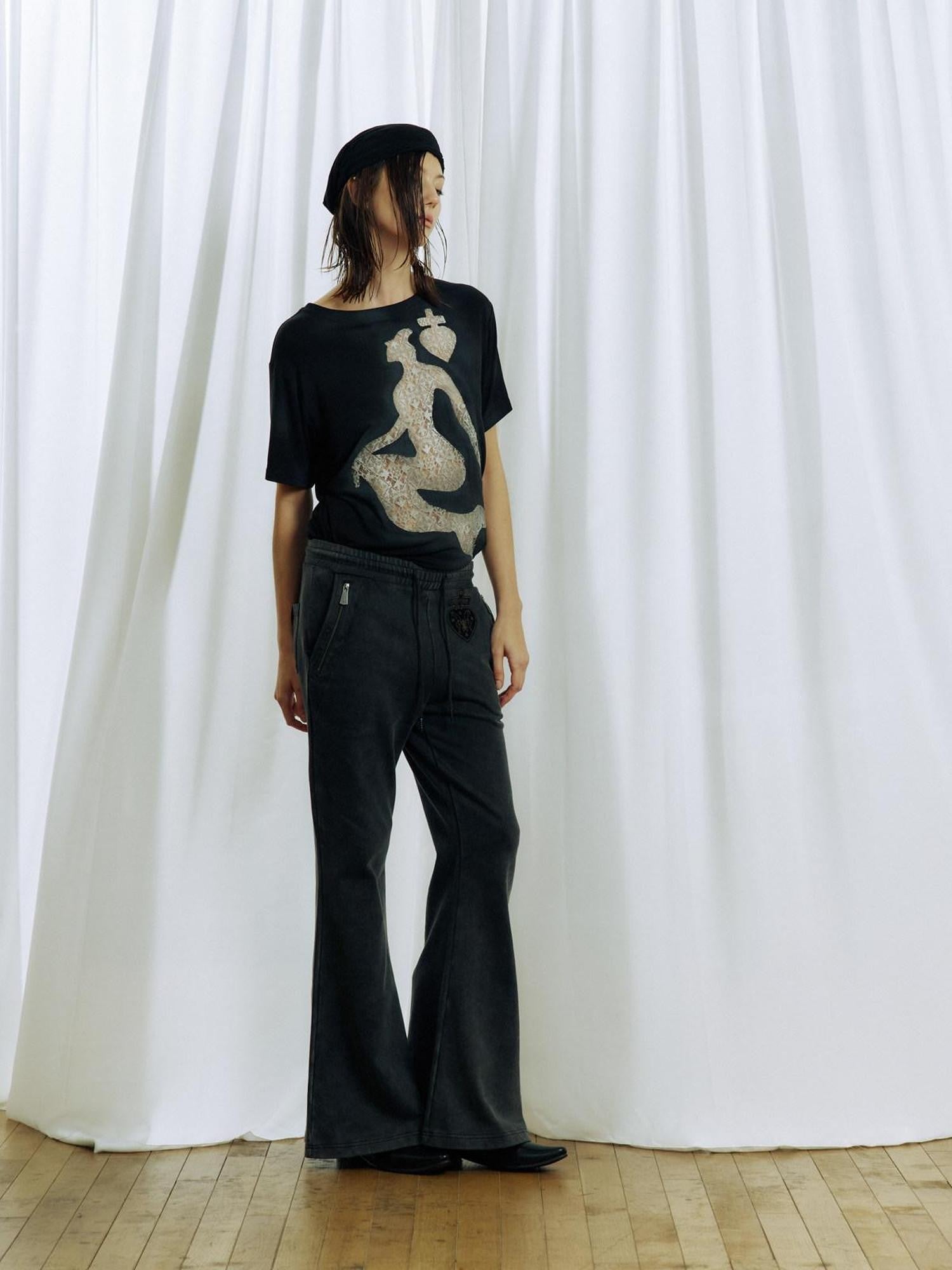 APRIORITY Washed Black Knitted Slim Mid Waist Pocket Women's Cotton Flare Pants