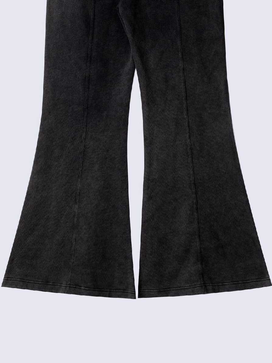 APRIORITY Washed Black Knitted Slim Mid Waist Pocket Women's Cotton Flare Pants
