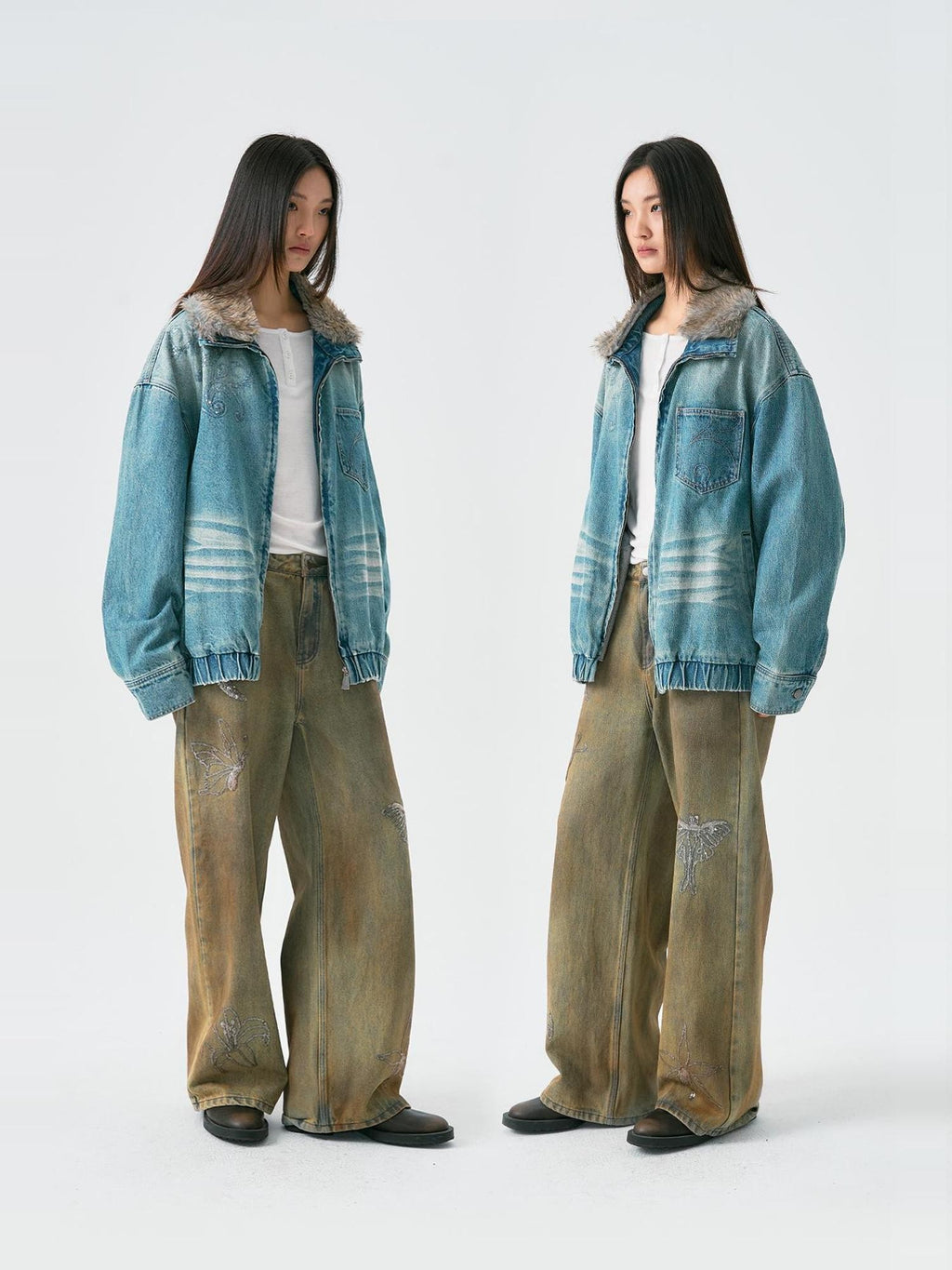 APRIORITY Washed Blue Embroidered Faux Fur Collar Women's Cotton Denim Jackets