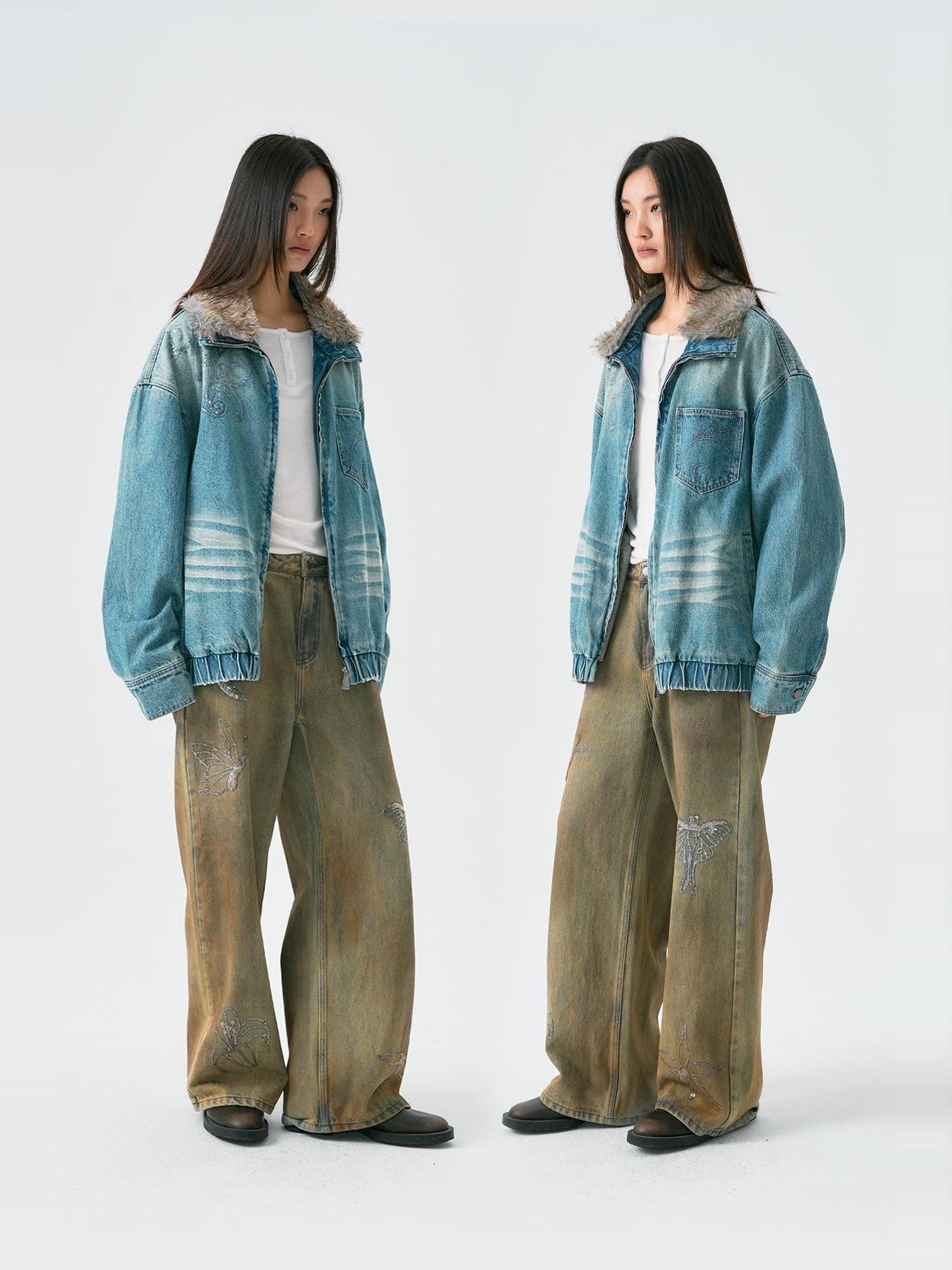 APRIORITY Washed Blue Embroidered Faux Fur Collar Women's Cotton Denim Jackets