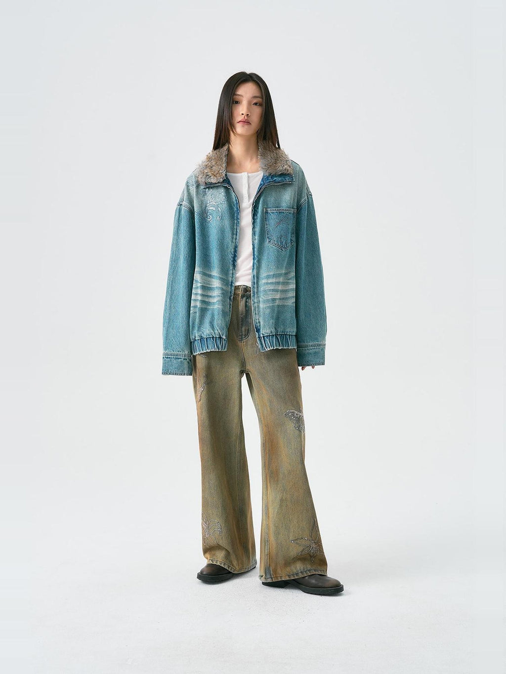 APRIORITY Washed Blue Embroidered Faux Fur Collar Women's Cotton Denim Jackets