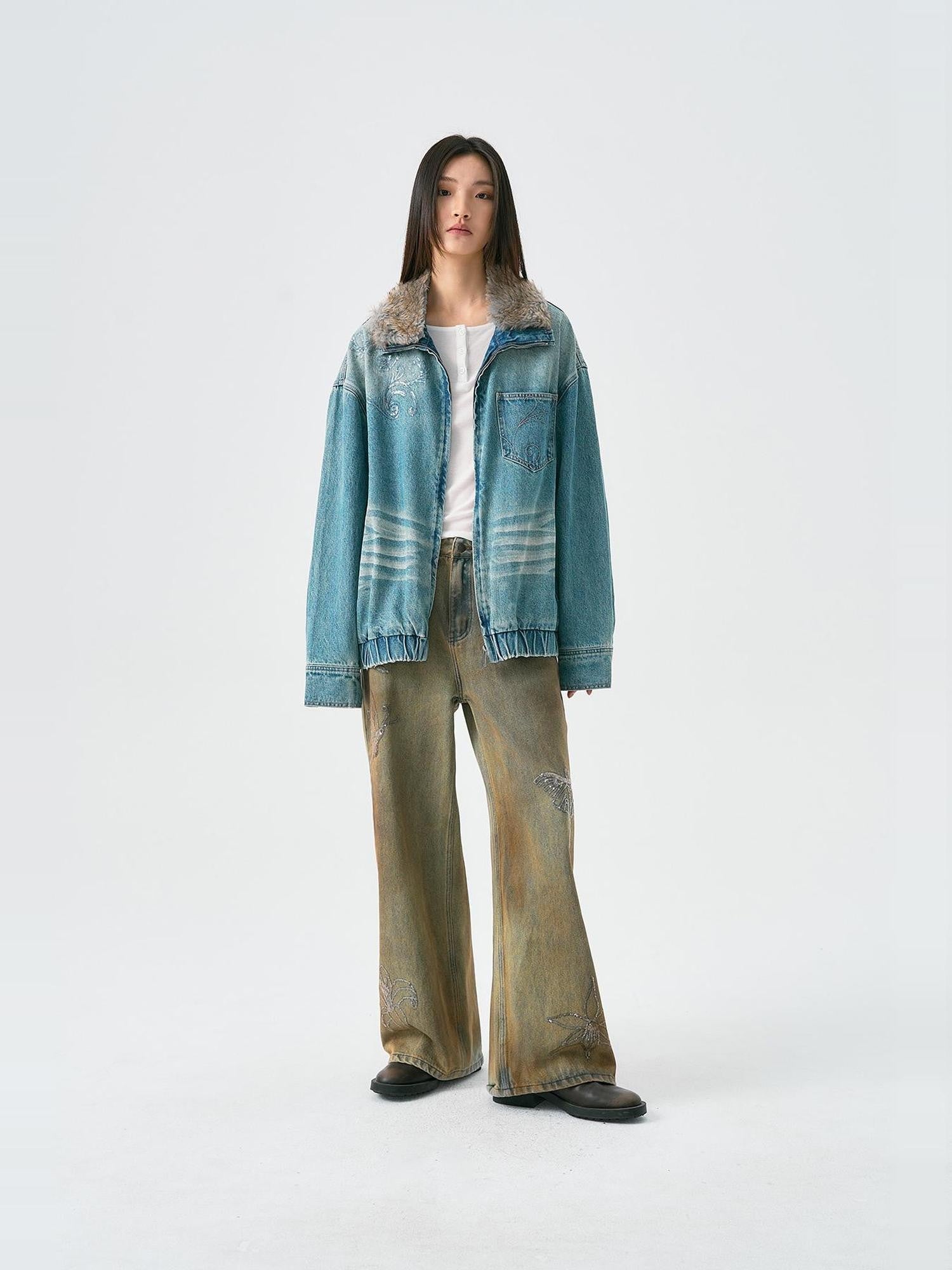 APRIORITY Washed Blue Embroidered Faux Fur Collar Women's Cotton Denim Jackets