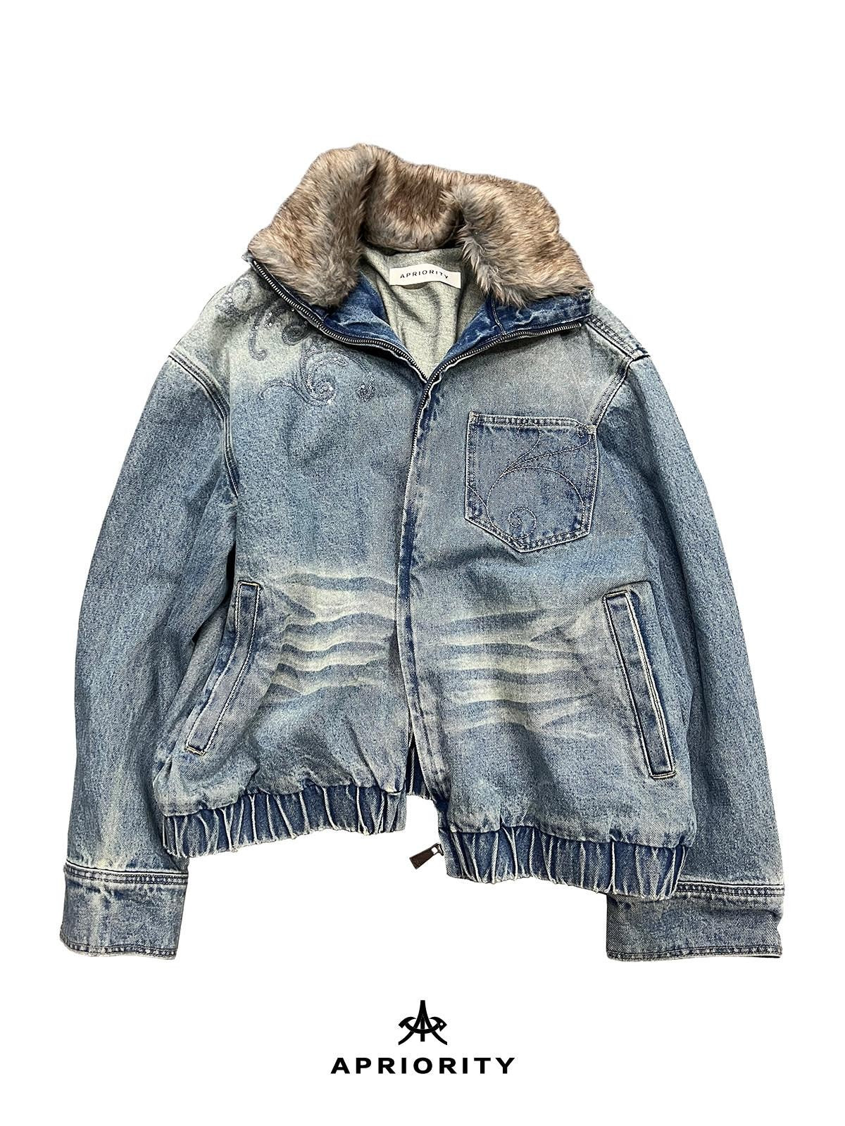 APRIORITY Washed Blue Embroidered Faux Fur Collar Women's Cotton Denim Jackets