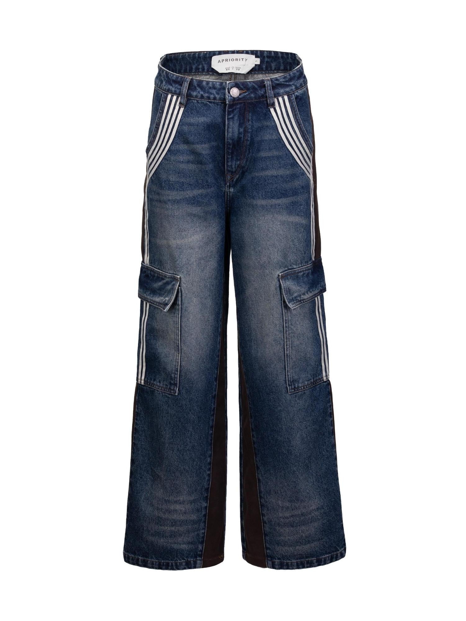 APRIORITY Washed Blue Line Trim Leather Patchwork Women's Denim Straight-leg Jeans