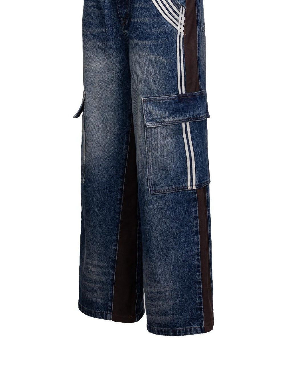 APRIORITY Washed Blue Line Trim Leather Patchwork Women's Denim Straight-leg Jeans